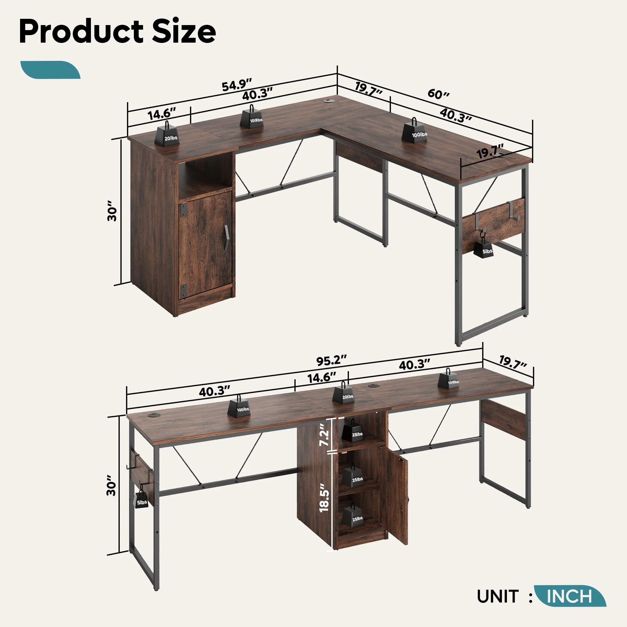 Bestier Reversible 60 inches L Shaped Computer Desk with Storage Cabinet Long Desk for 2 Person Cherry