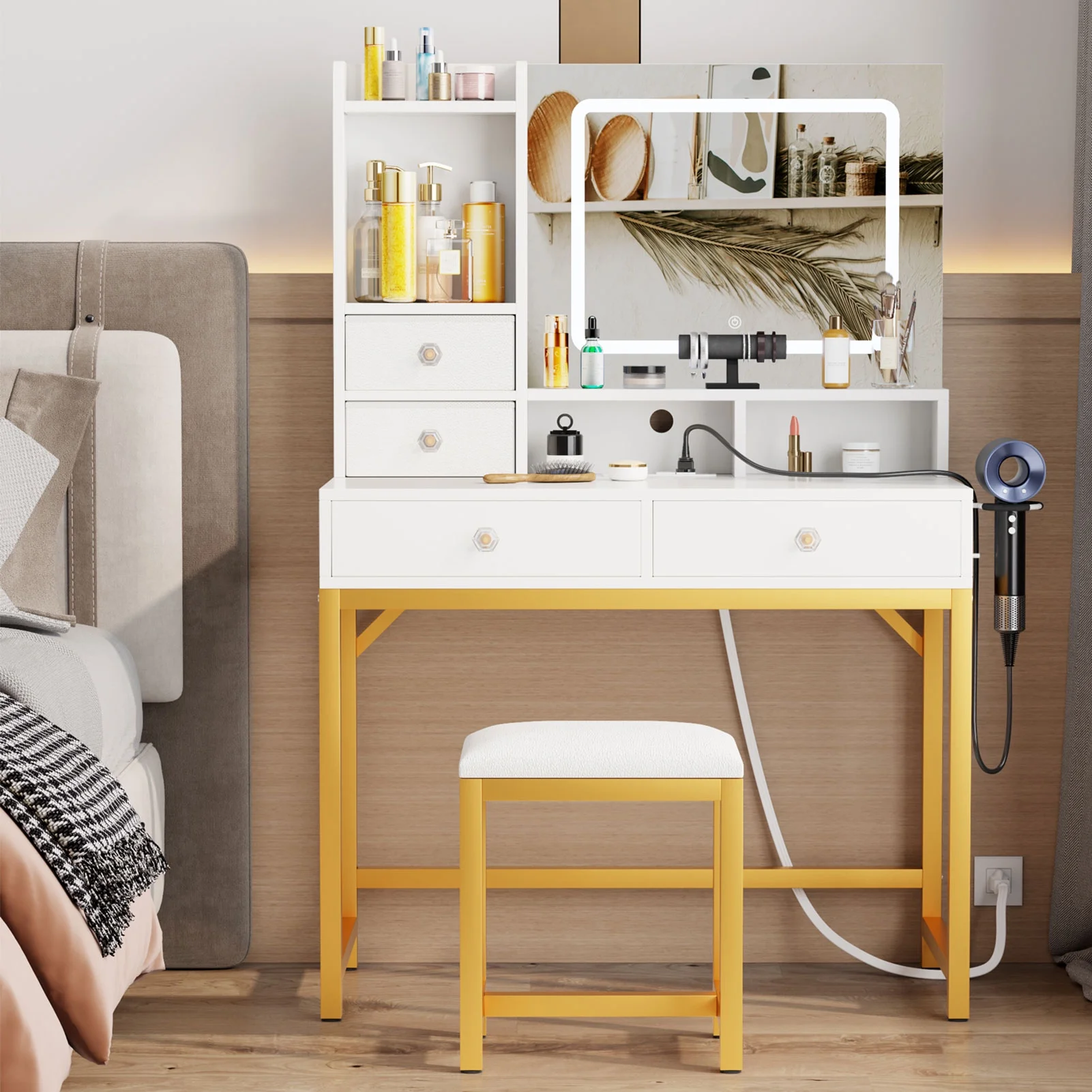 Satifur White Vanity Desk Set with Mirror and Lights, Makeup Table with Charging Station, Comfortable Bench, Big Vanity with 3 Storage Compartments, 39.4in