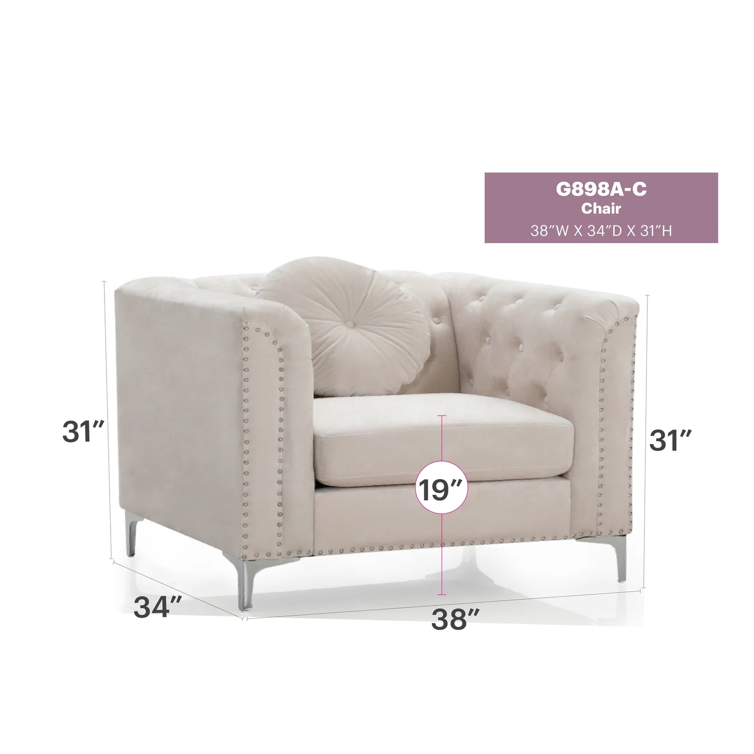 Glory Furniture Pompano Velvet Chair in Ivory