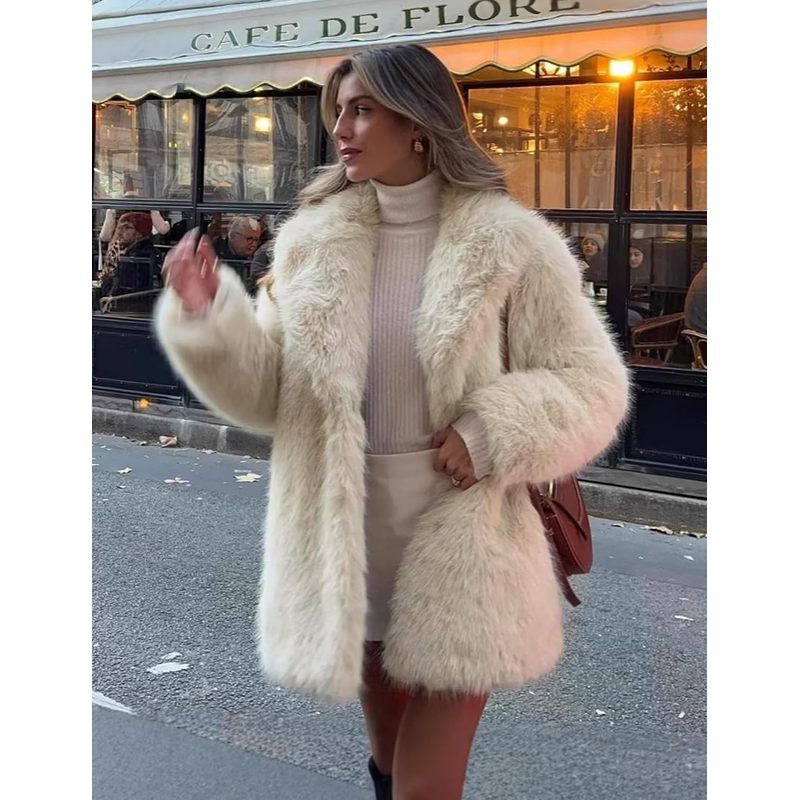 Women's Faux Fur Coat Fluffy Lapel Furry Jacket Long