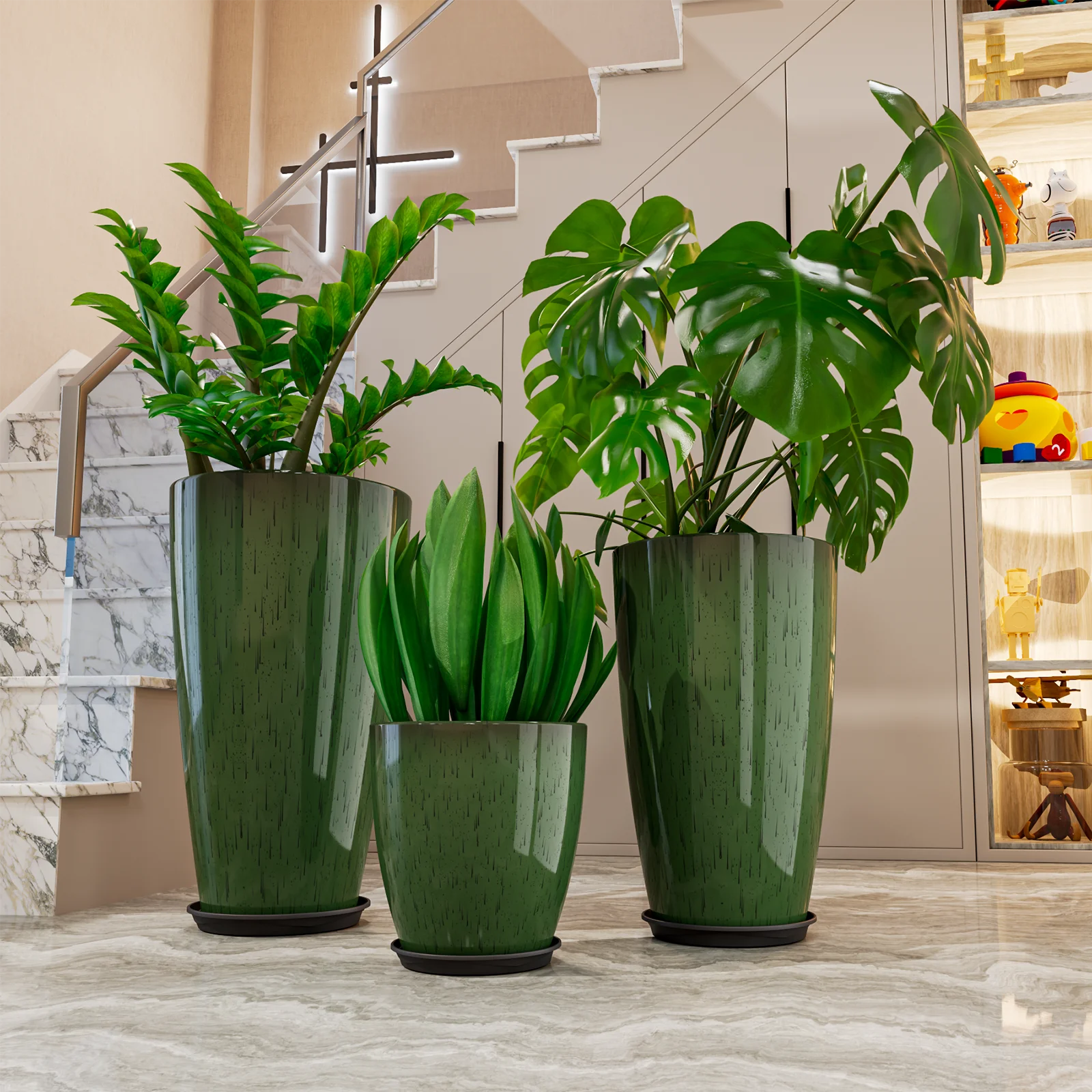 24,21,10 inch Large Planter for Indoor & Outdoor Plants, Set of 3, Sturdy Plant Flower Pots Modern Decor for Front Porch Patio,Blue