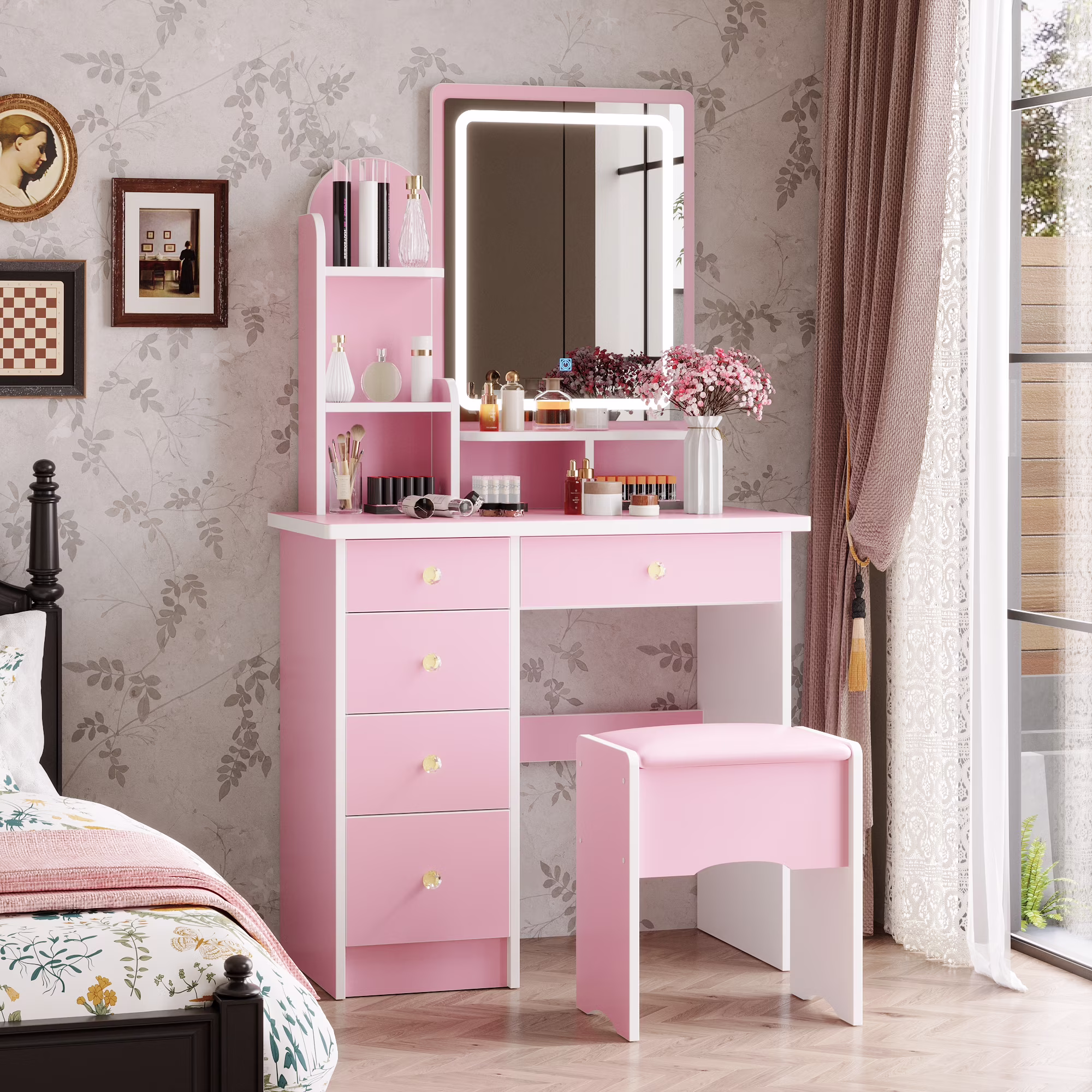 KULAGAGA Vanity Table Set with Light Mirror, Makeup Table with 3 Storage Shelves & 5 Drawers, Dressing Vanity Tables with , Dresser Desk for Girls, Women, White