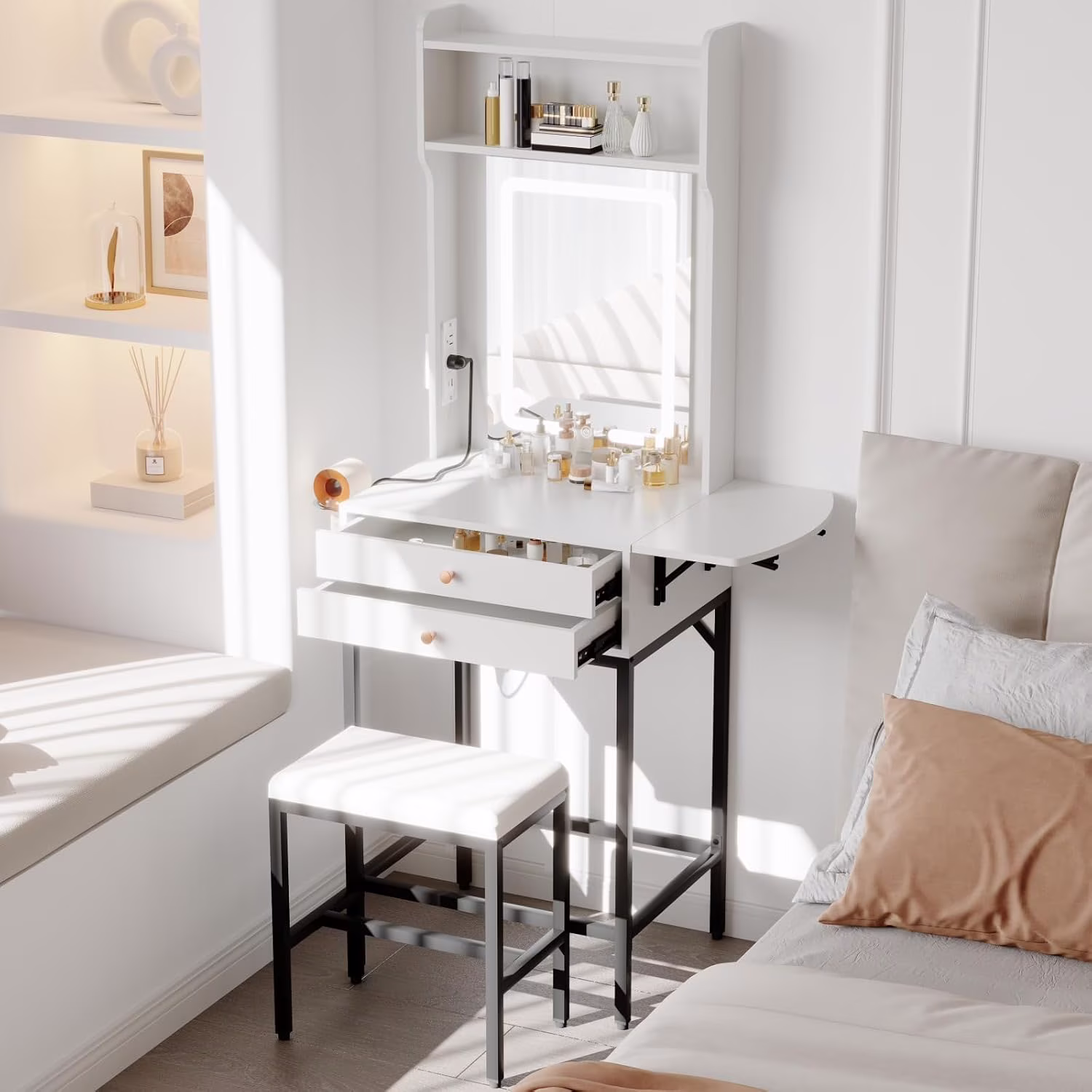 Small Makeup Vanity Desk with Mirror and Lights,Vanity Table Set with Storage Drawer,Hair Dryer Holder,Fold-Up Panel,Stool and Shelves,Compact Makeup Dressing Table for Bedroom Apartments