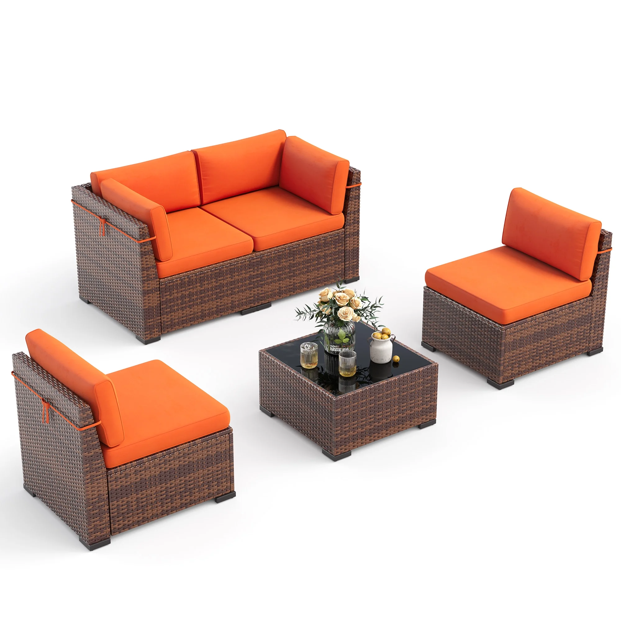 Poteban 7 Pieces Outdoor Sectional Sofa Set , PE Wicker Rattan Slanted Back Outdoor Conversation with Cushions and Glass Coffee Table for Backyard Garden, Dark Gray