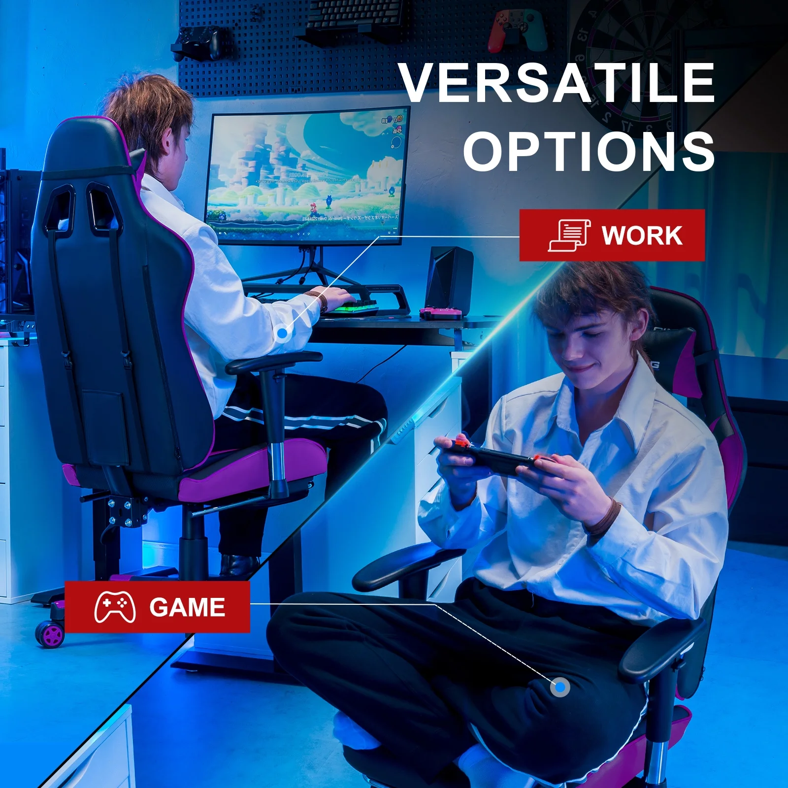 GTRACING Gaming Chair, Ergonomic Office Desk Chair with Lumbar Support, PU Leather, Footrest & Adjustable Headrest, Red