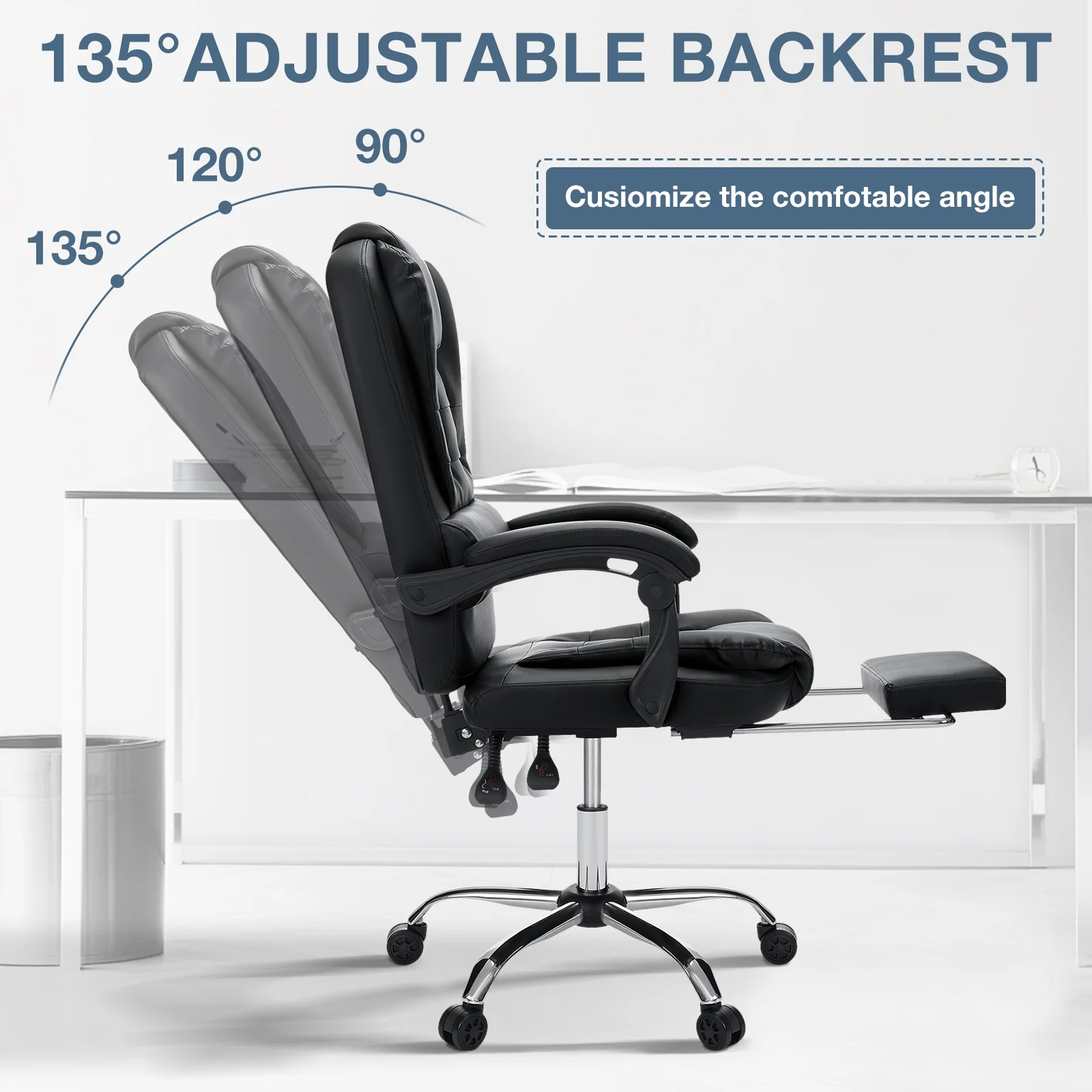 Hoffree Executive Office Chair Massage High Back Leather Office Chair with Footrest Reclining Computer Desk Chair Lumbar Back Support Swivel Rolling for Home Office Black