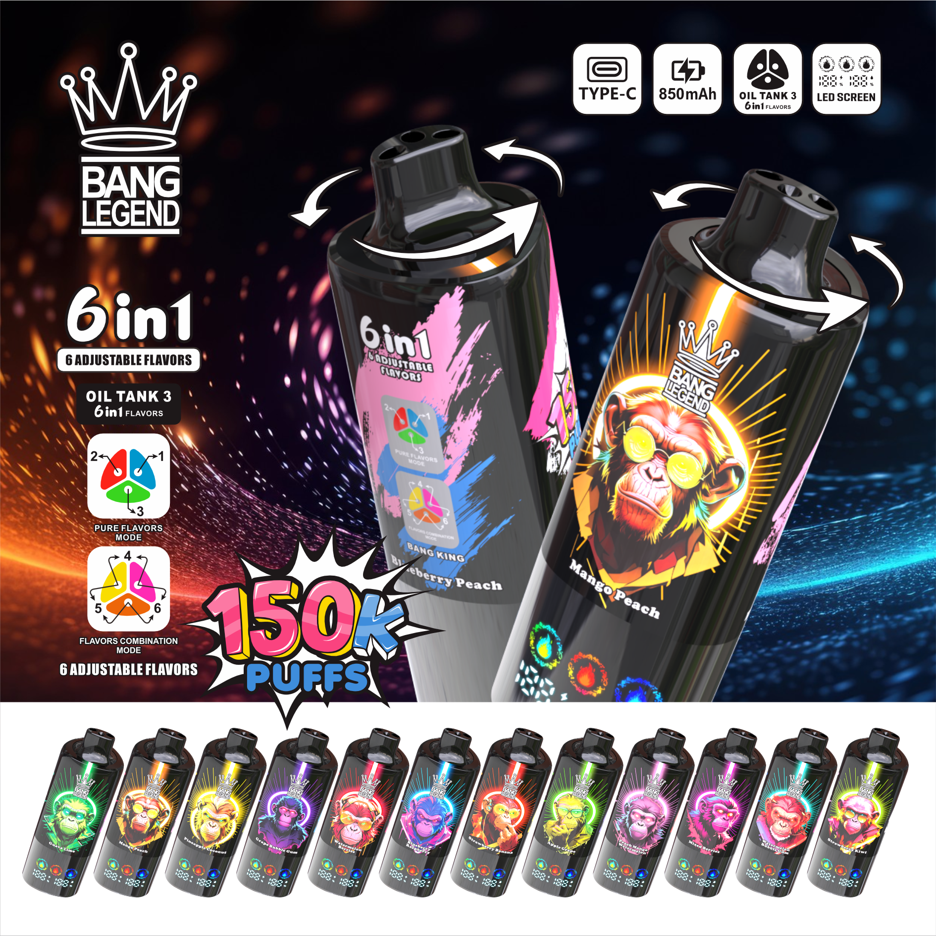 BANG Legend 150 000 potiahnutí (6v1) | Jednorazová e-cigareta s LCD displejom