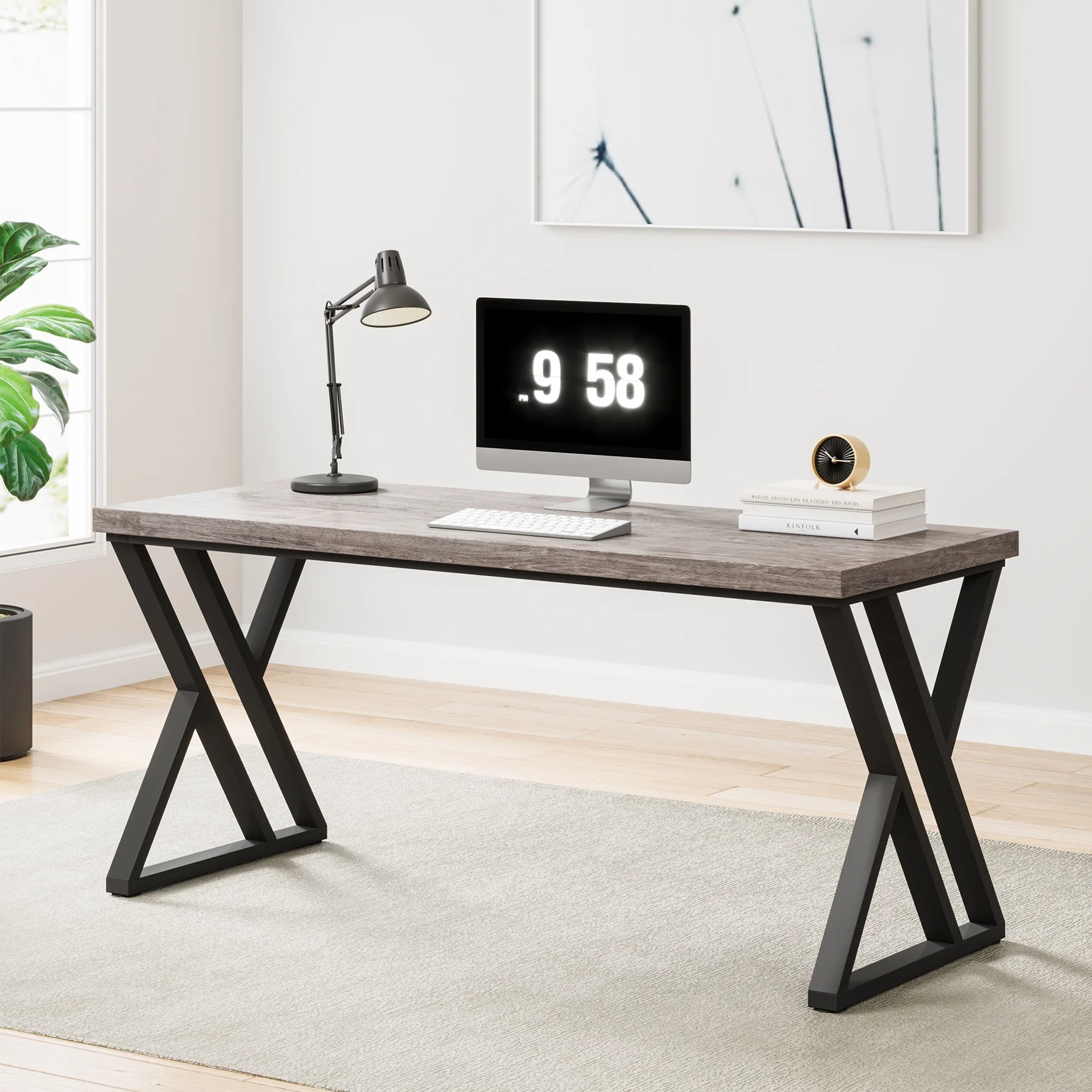 Heavy Duty Study Desk with Z-Shaped Metal Leg, Modern Simple Home Office Computer Desk, Rustic Brown