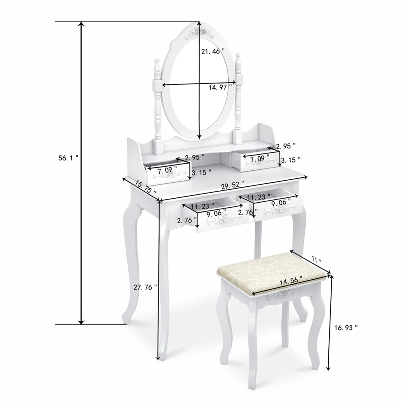 Veryke Vanity Table Set with 4 Drawers & Removable LED Mirror, Makeup Desk with Stool - White