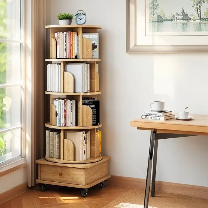 5-Tier Rotating Wooden Bookshelf Bookcase of with Storage
