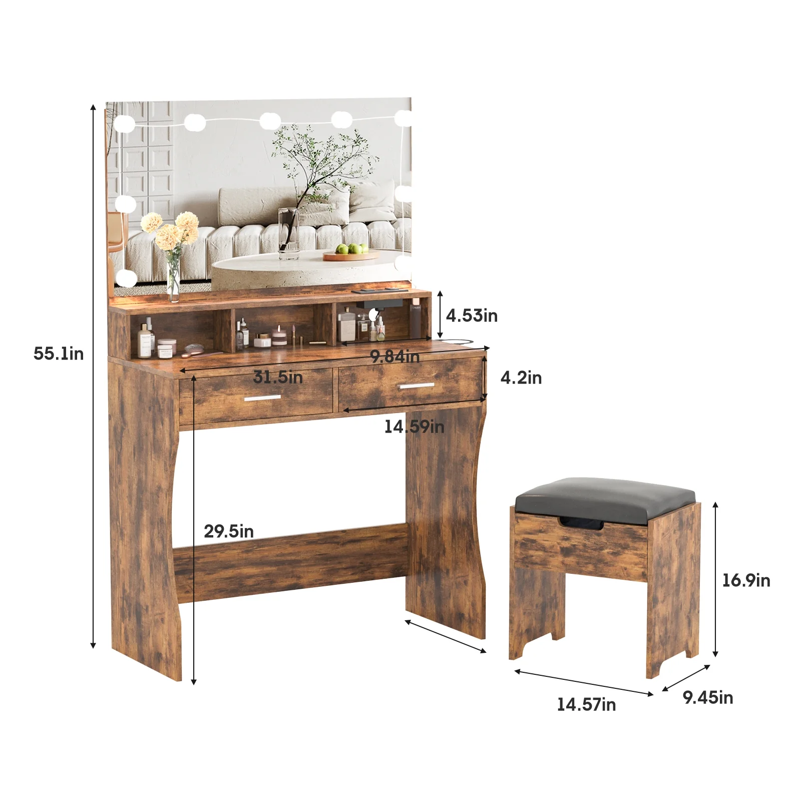 Modern Vanity Table Set with Lighted Mirror,Makeup Table with 2 Drawers & Power Strip,Dresser Desk for Girls, Women, White