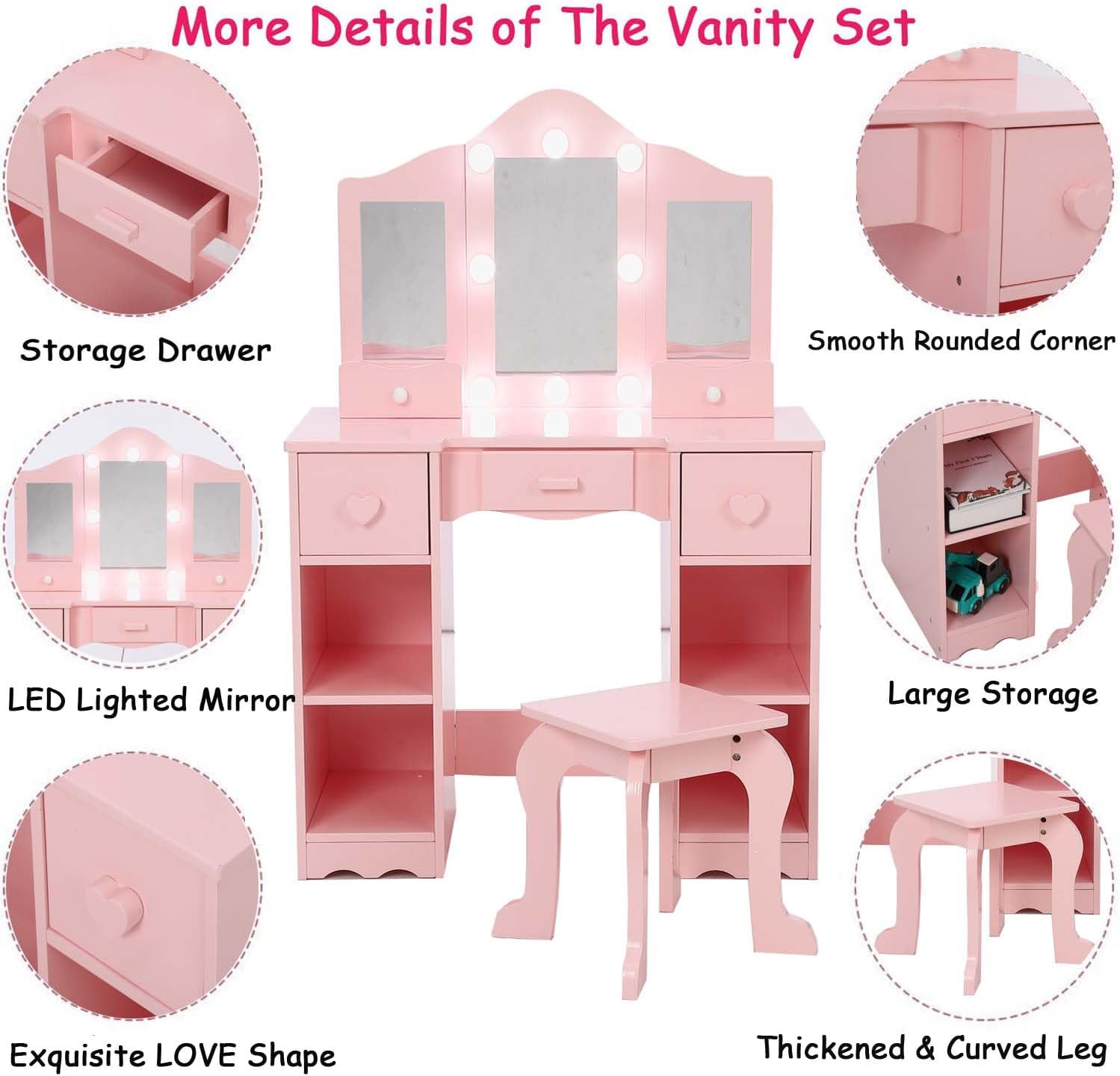 Zzistar Kids Vanity Table Set with Light, Tri-Folding Mirror, 5 Drawers and Square Stool, Wood Makeup Desk Dressing Table with Open Storage Shelves and Detachable Top
