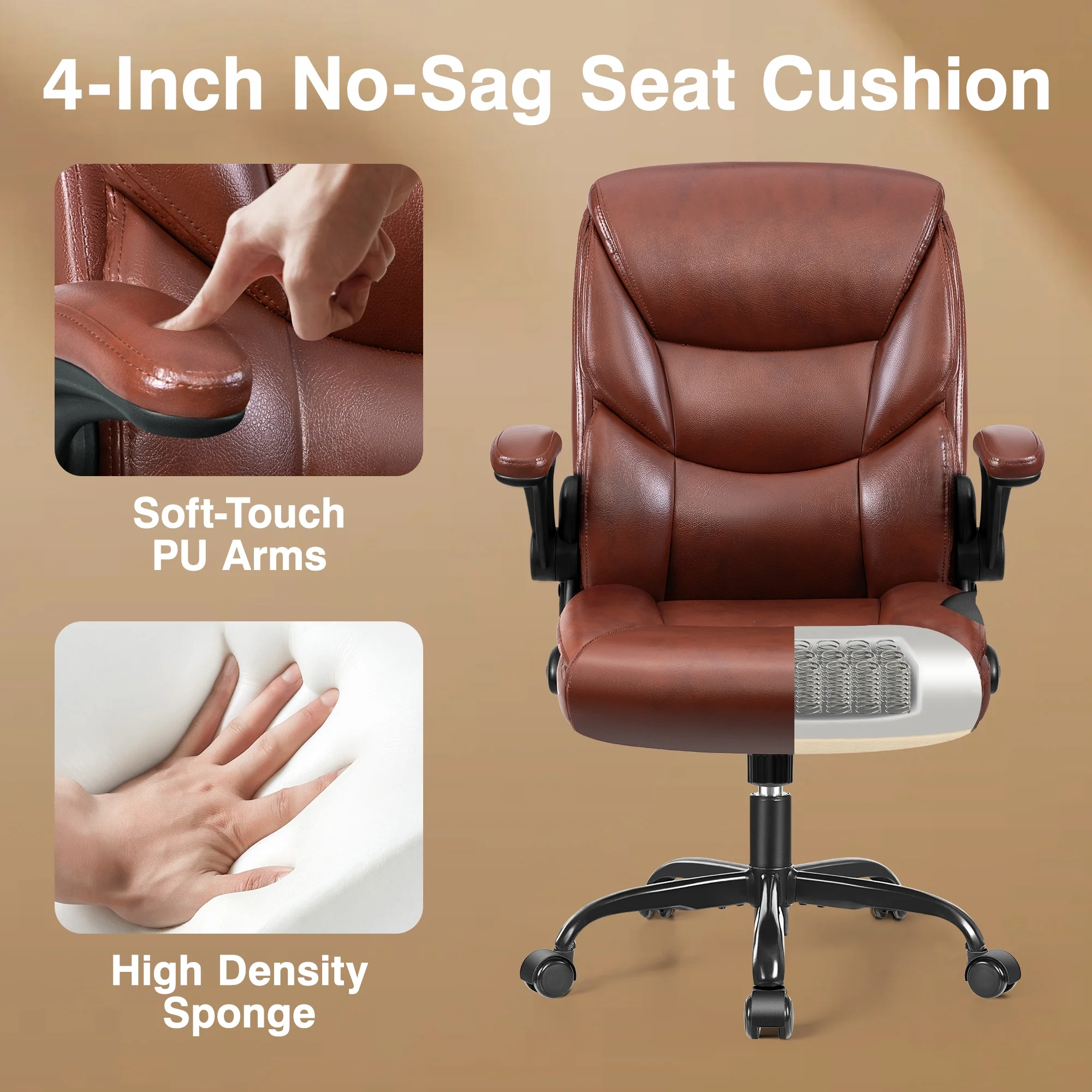 Primy Compact PU Leather Office Chair - Ergonomic Adjustable Height Computer Desk Chair with Flip-Up Armrests, Mid-Back Executive Swivel Chair on Wheels for Small Spaces & Petite Users, Black