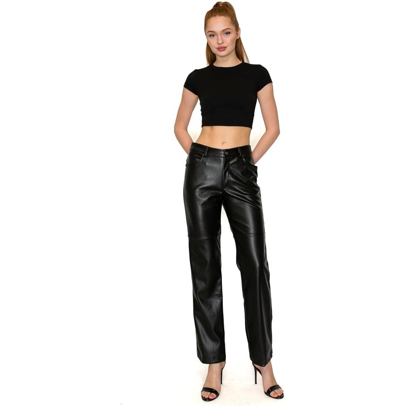 Women's Straight Leg Faux Leather Pants with Pockets