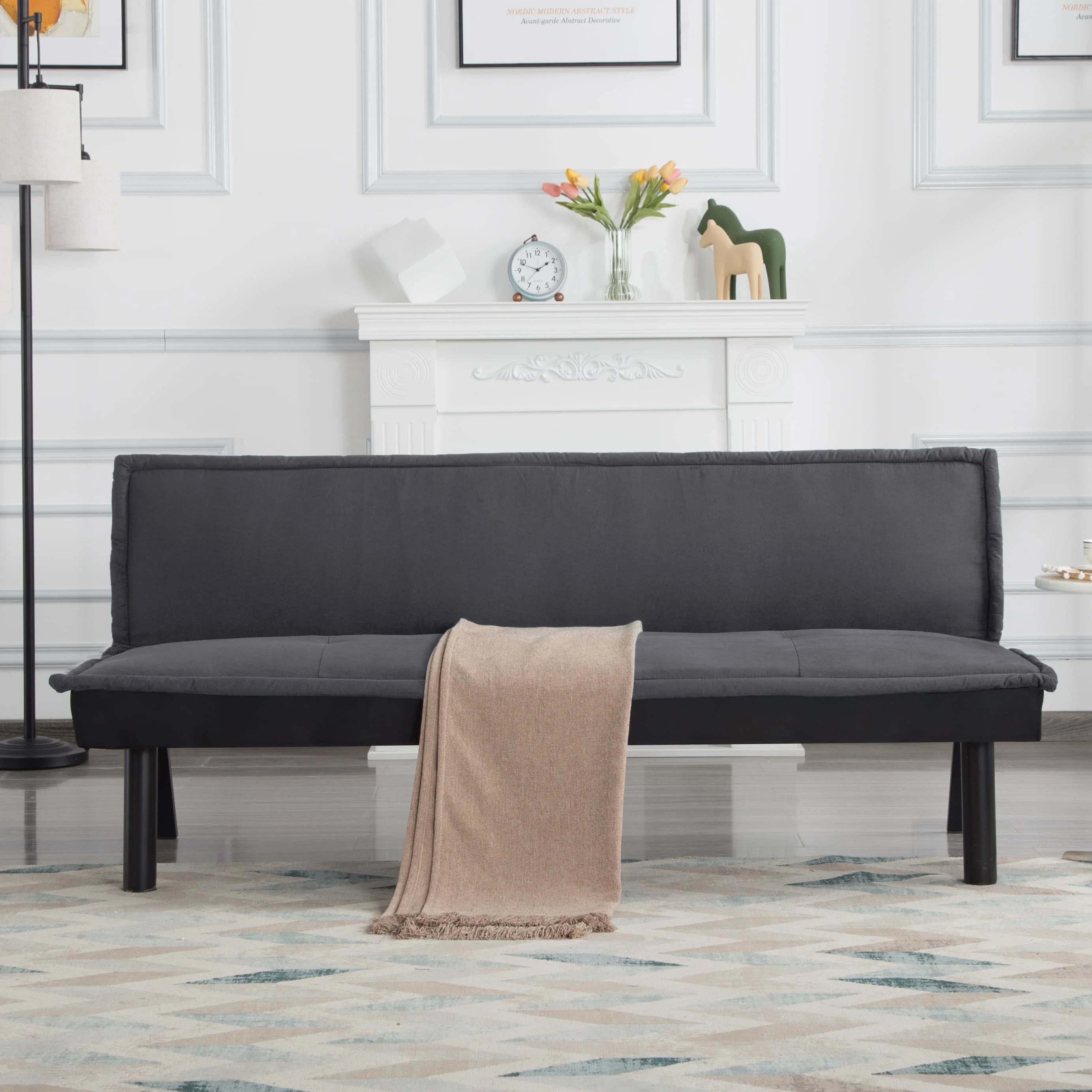 BSHTI 64.6�� Futon Sofa Bed,Velvet Upholstery,Twin Size Convertible Sofa,With 5 Adjustable Positions,Perfect Meet your Different Needs-Gray