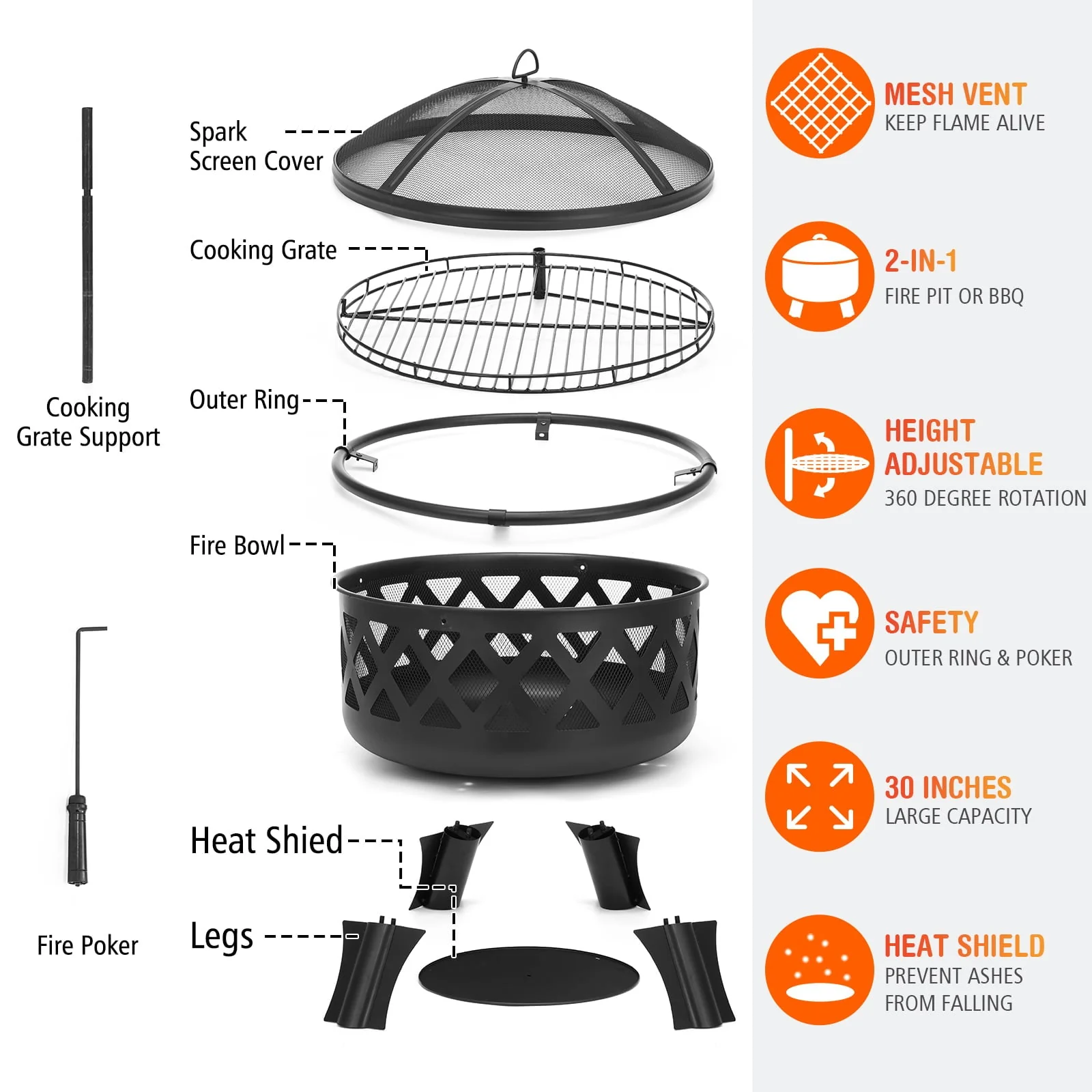 Singlyfire 30 inch Fire Pits for Outside with Grill Outdoor Fire Pits Wood Bowl 2 in 1 BBQ Firepit