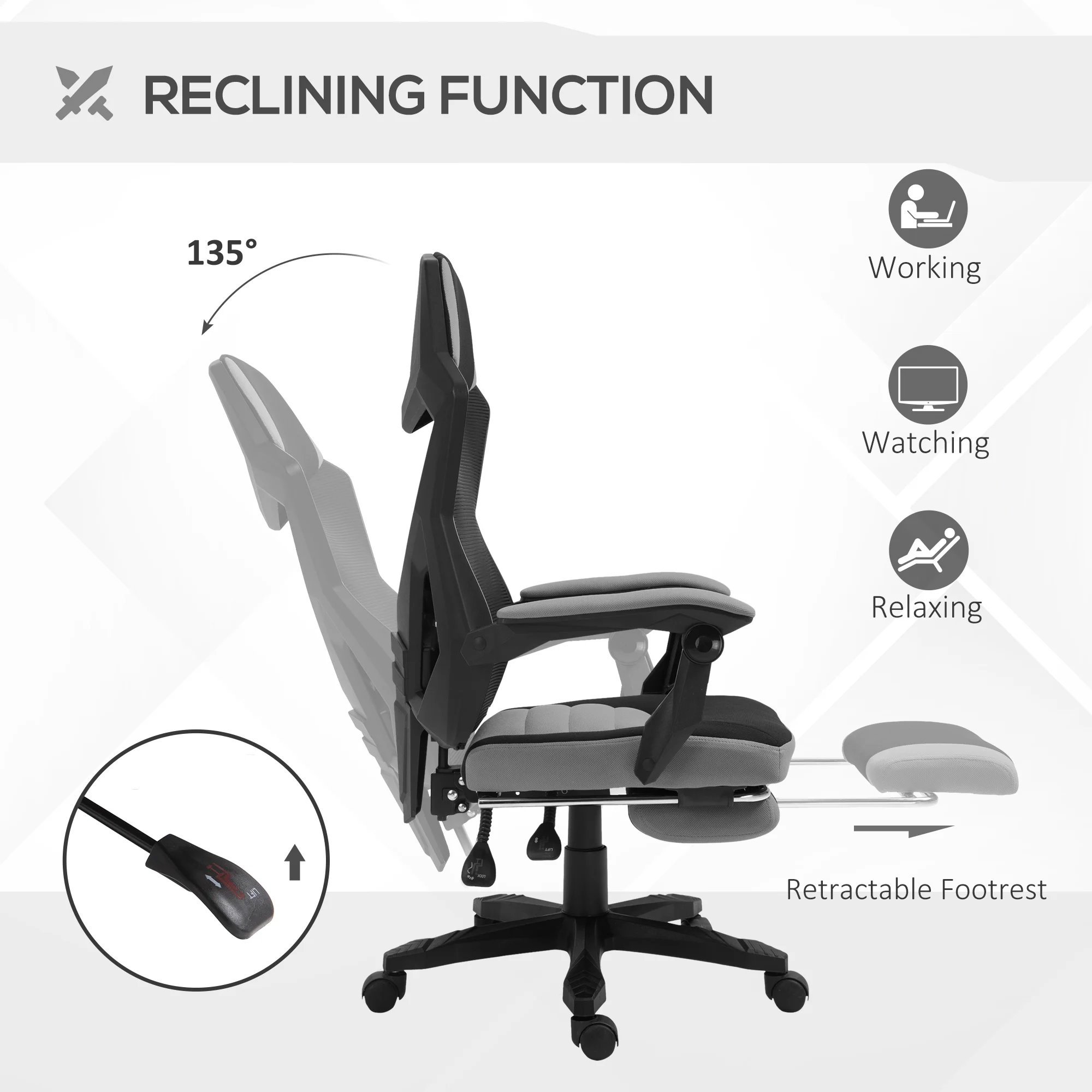 Vinsetto Ergonomic Home Office Chair High Back Armchair Computer Desk Recliner with Footrest, Mesh Back, Lumbar Support and Wheels, Gray