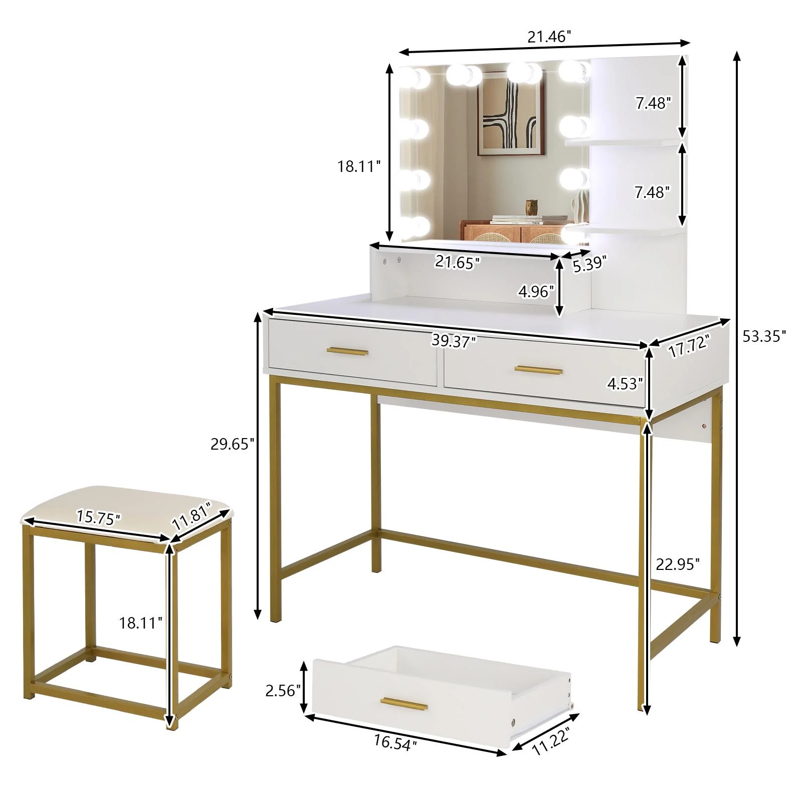 Ktaxon Vanity Table Set with 3 Color Lighted Mirror & Stool, Makeup Vanity Dressing Table, 2 Drawers and Storage Shelves for Bedroom, Gold Vanity Desk for Women (White)