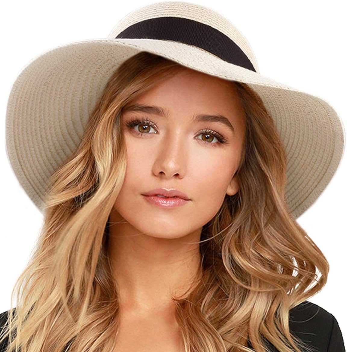 FURTALK Womens Beach Sun Straw Hat UV UPF 80+ Travel Foldable Brim Summer UV Hat