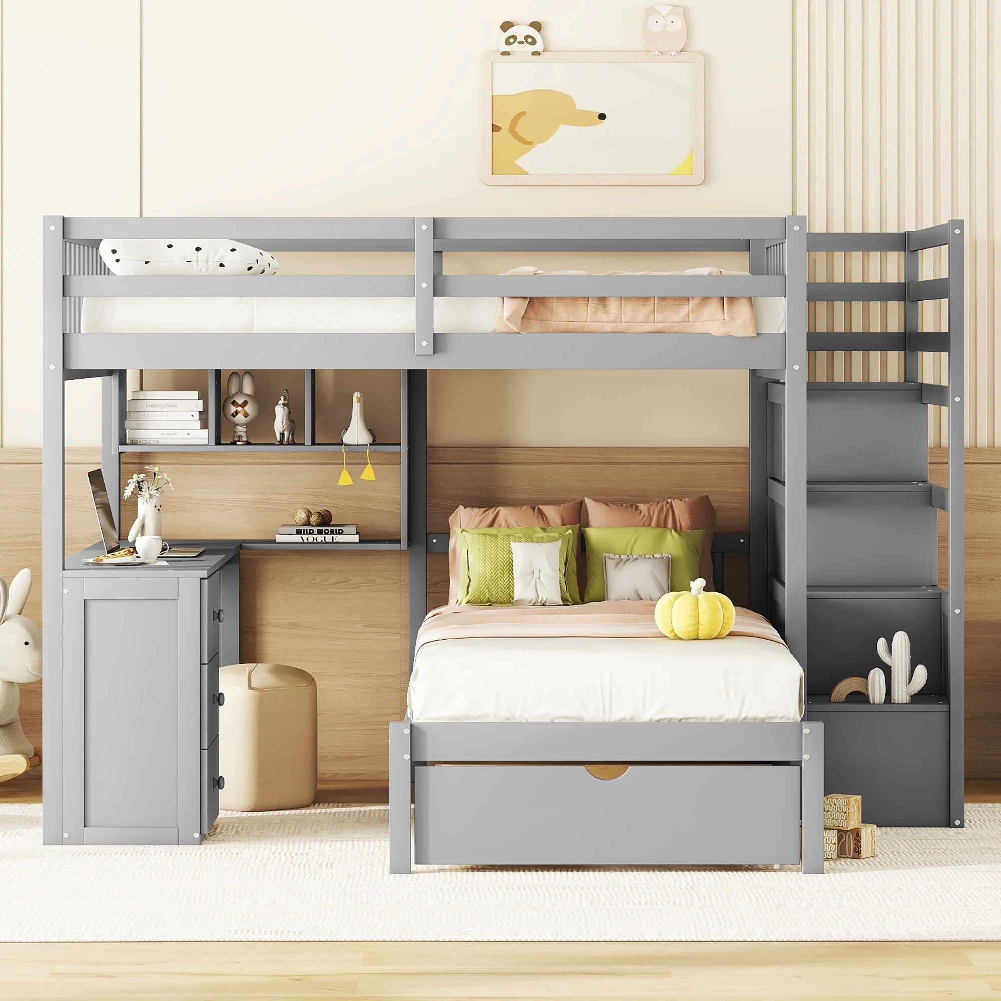 Harper & Bright Designs Full Over Twin Bunk Bed with Desk, Drawers and Shelves, L-Shaped Bunkbeds with Storage Staircase for Adults Bedroom, White
