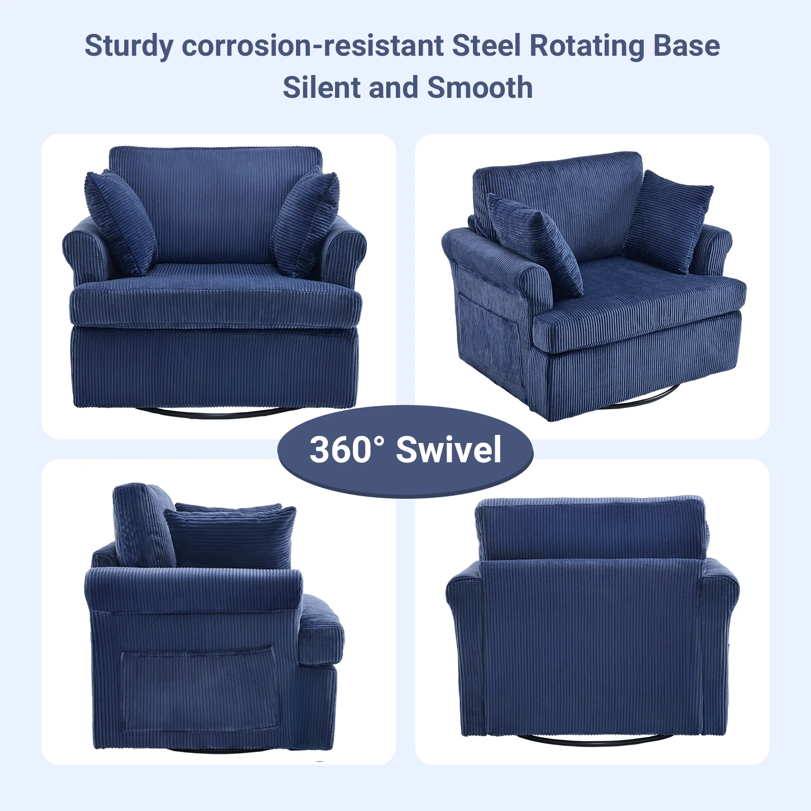 Ktaxon Swivel Accent Chair, 360-Degree Rotation Reading Chair, Corduroy Fabric Sofa with Armrest Pockets, Solid Metal Base, Perfect for Living Room Bedroom Black