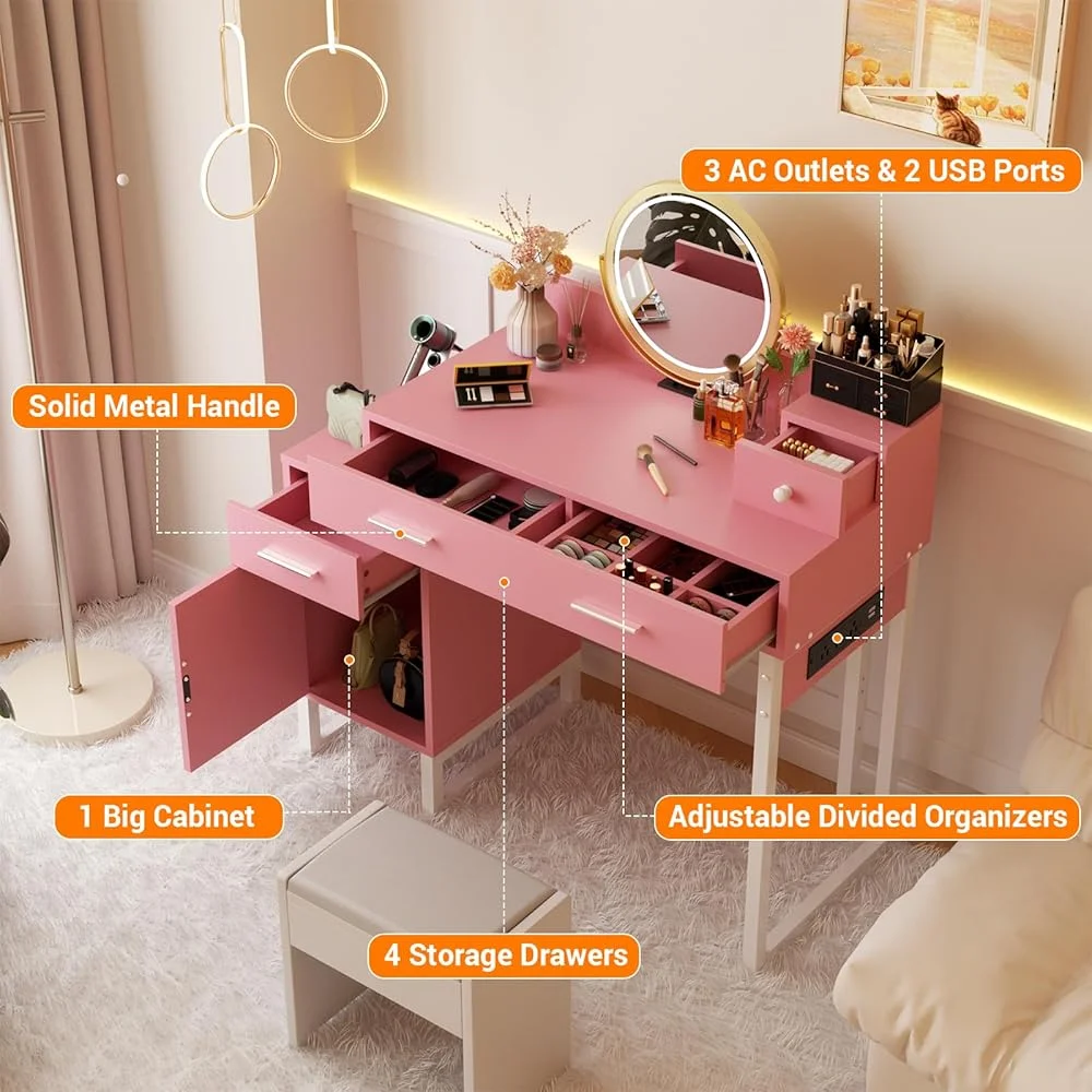 Vanity Desk With 4 Drawers and Cabinet, Makeup Vanity Table With Charge Station Socket, Small Space Makeup Bedside Cupboard, Gift for Her Choice, Suit for Apartment/Dorm/Bedroom, Cute Pink