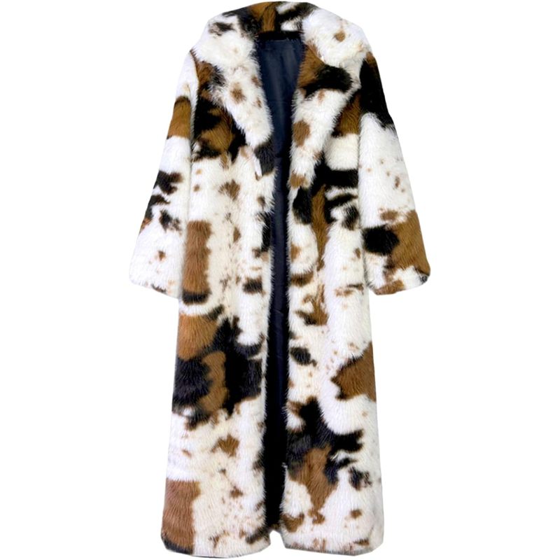 Women's Faux Fur Leopard Long Coat with Lapel