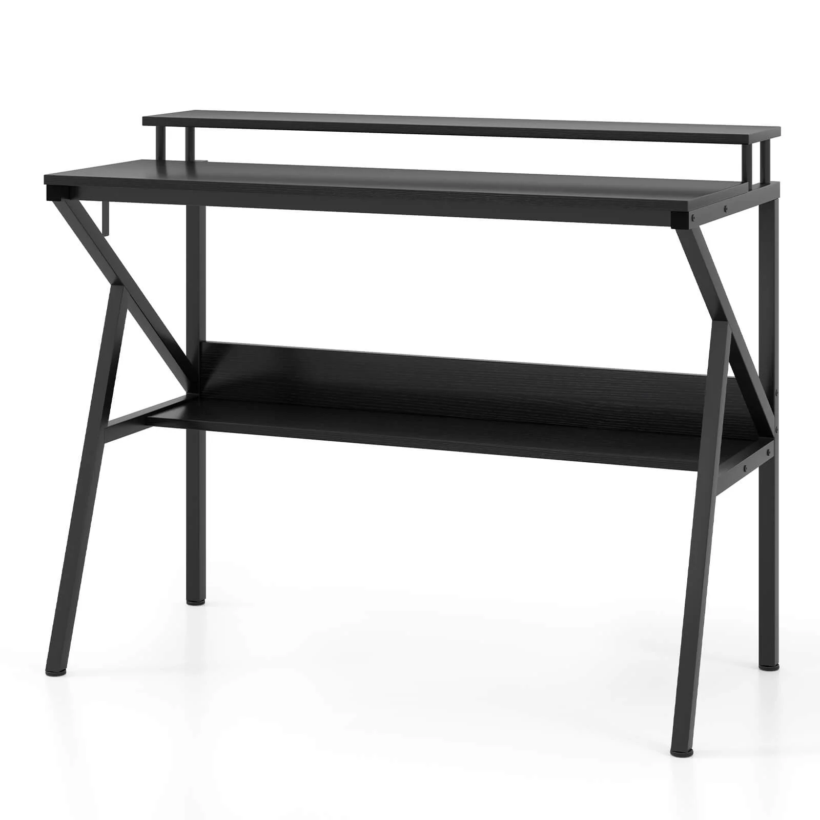 Costway Home Office Desk with Monitor Stand, Open Shelf & Metal Frame, Earphone Hook White