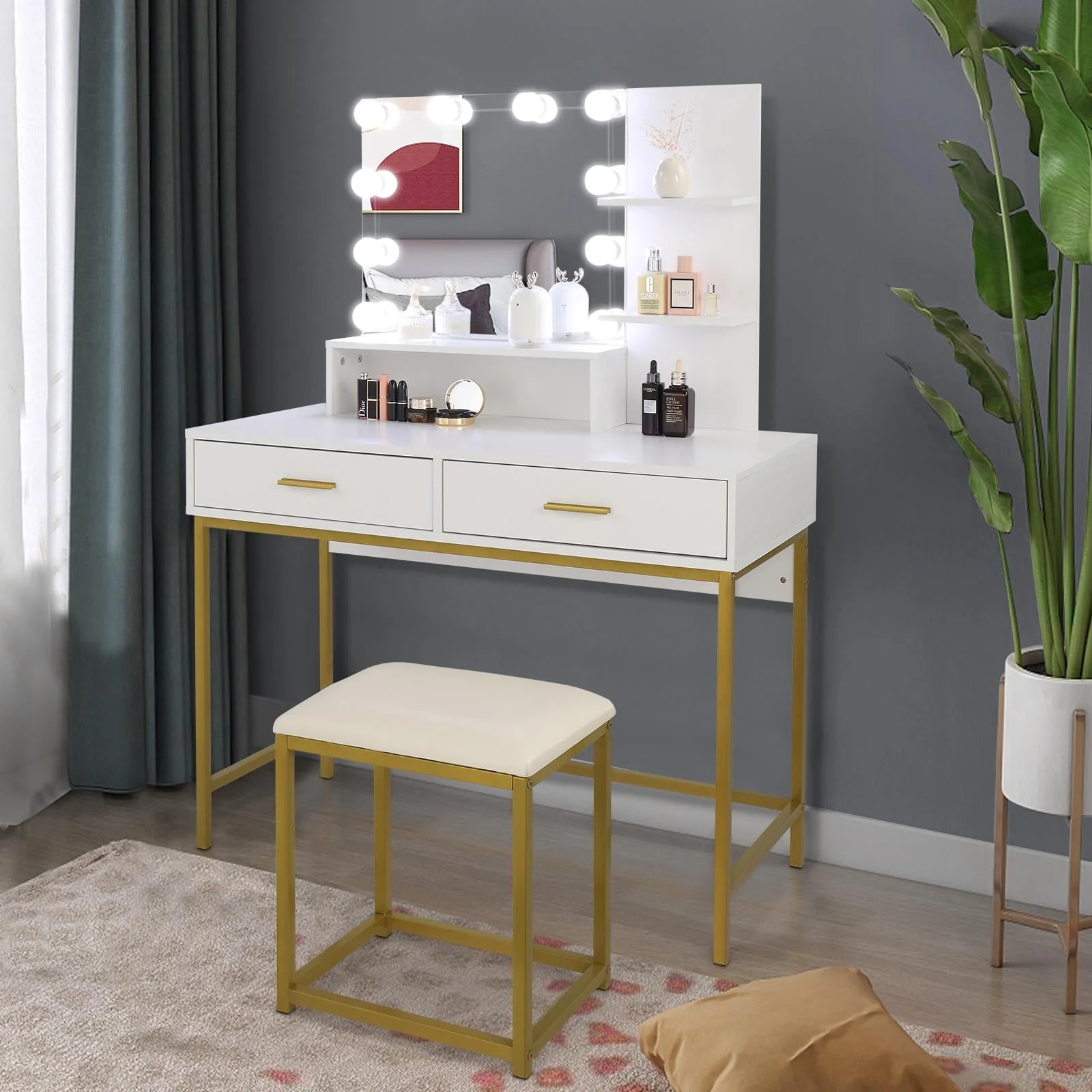 Ktaxon Vanity Table Set with 3 Color Lighted Mirror & Stool, Makeup Vanity Dressing Table, 2 Drawers and Storage Shelves for Bedroom, Gold Vanity Desk for Women Girls (White)