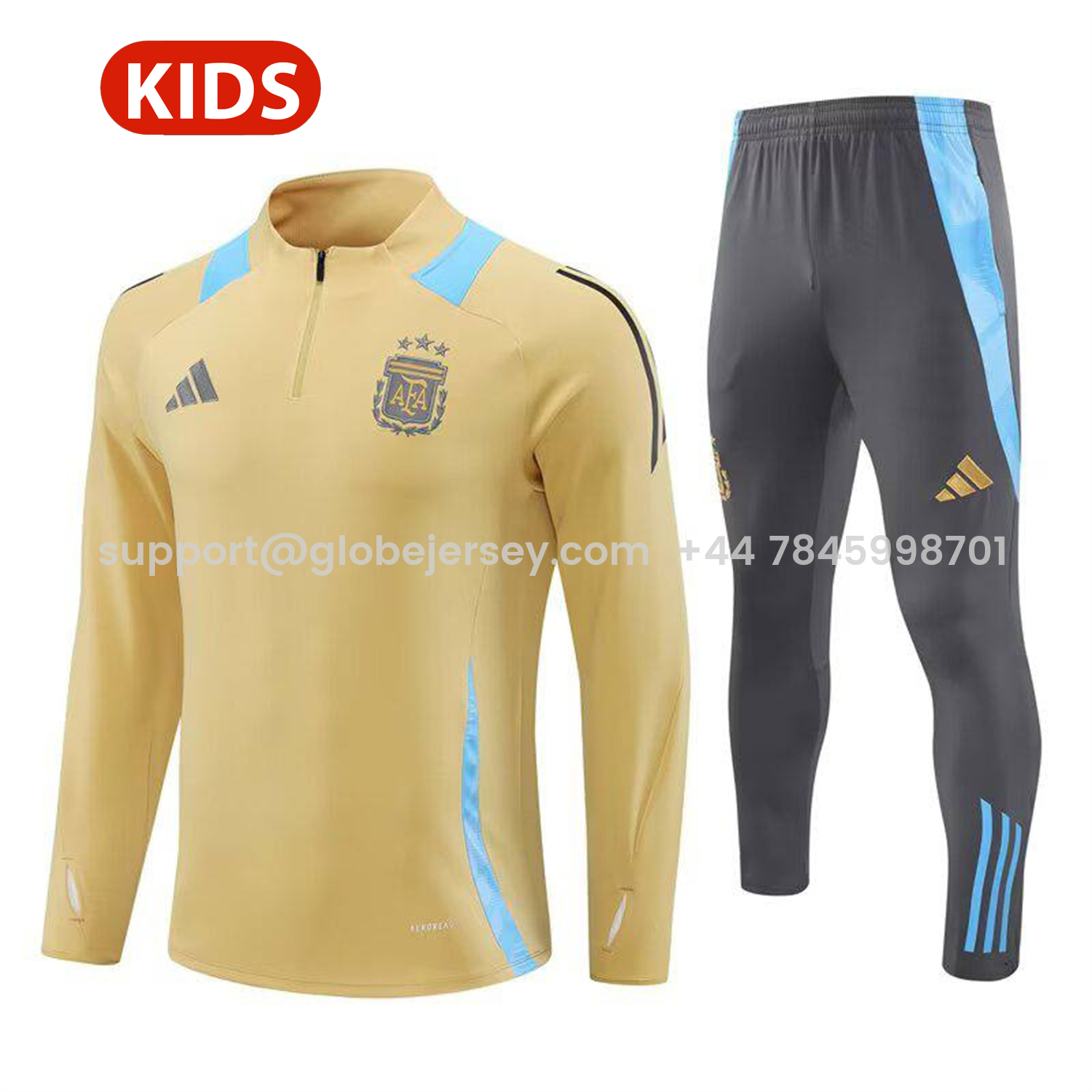 Argentina 25-26 Kids Long Sleeve Training Set - Gold Top and Grey Pants