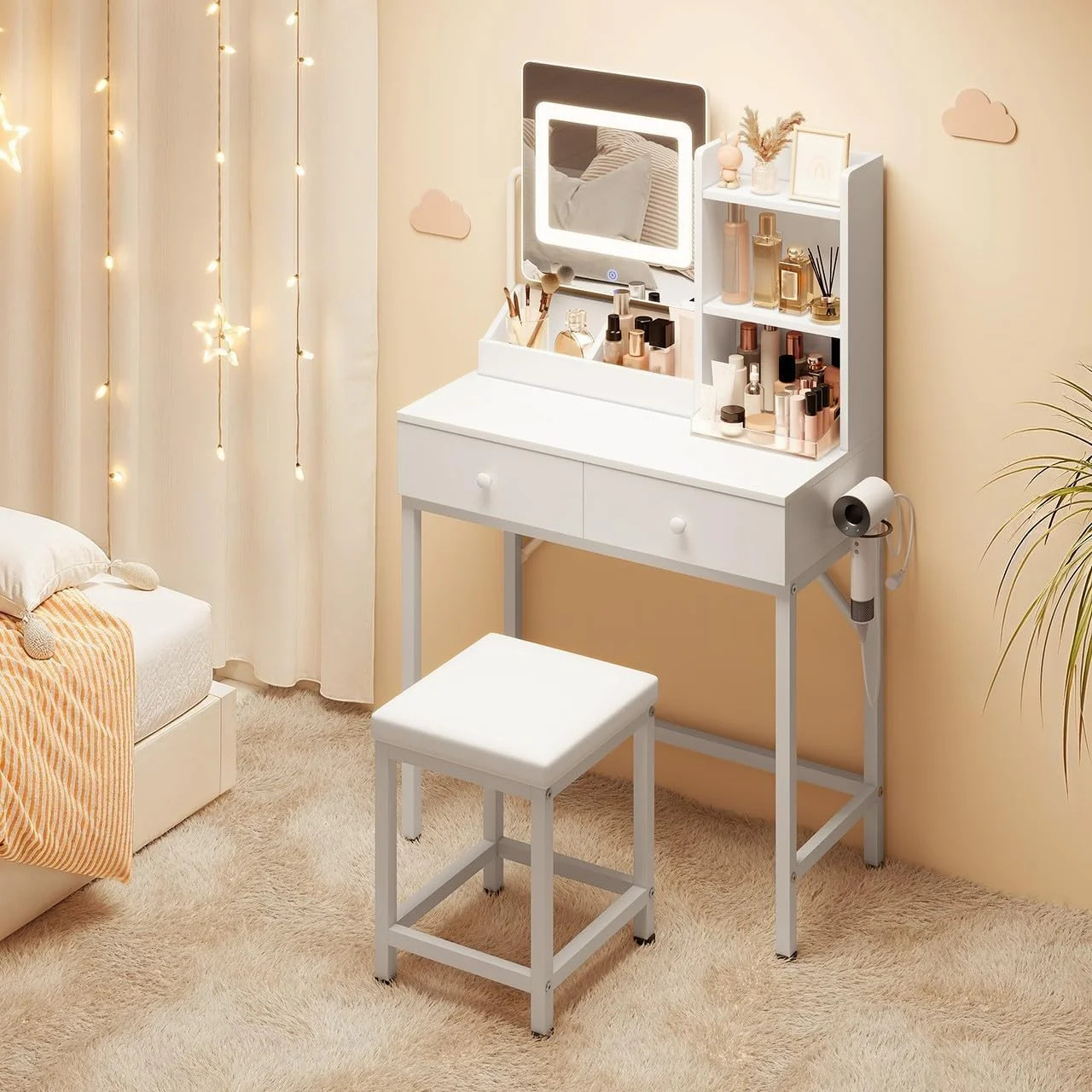 Makeup Vanity Desk with Mirror and Lights, 43.5�� Vanity Table with 5 Drawers & Storage Shelves, White