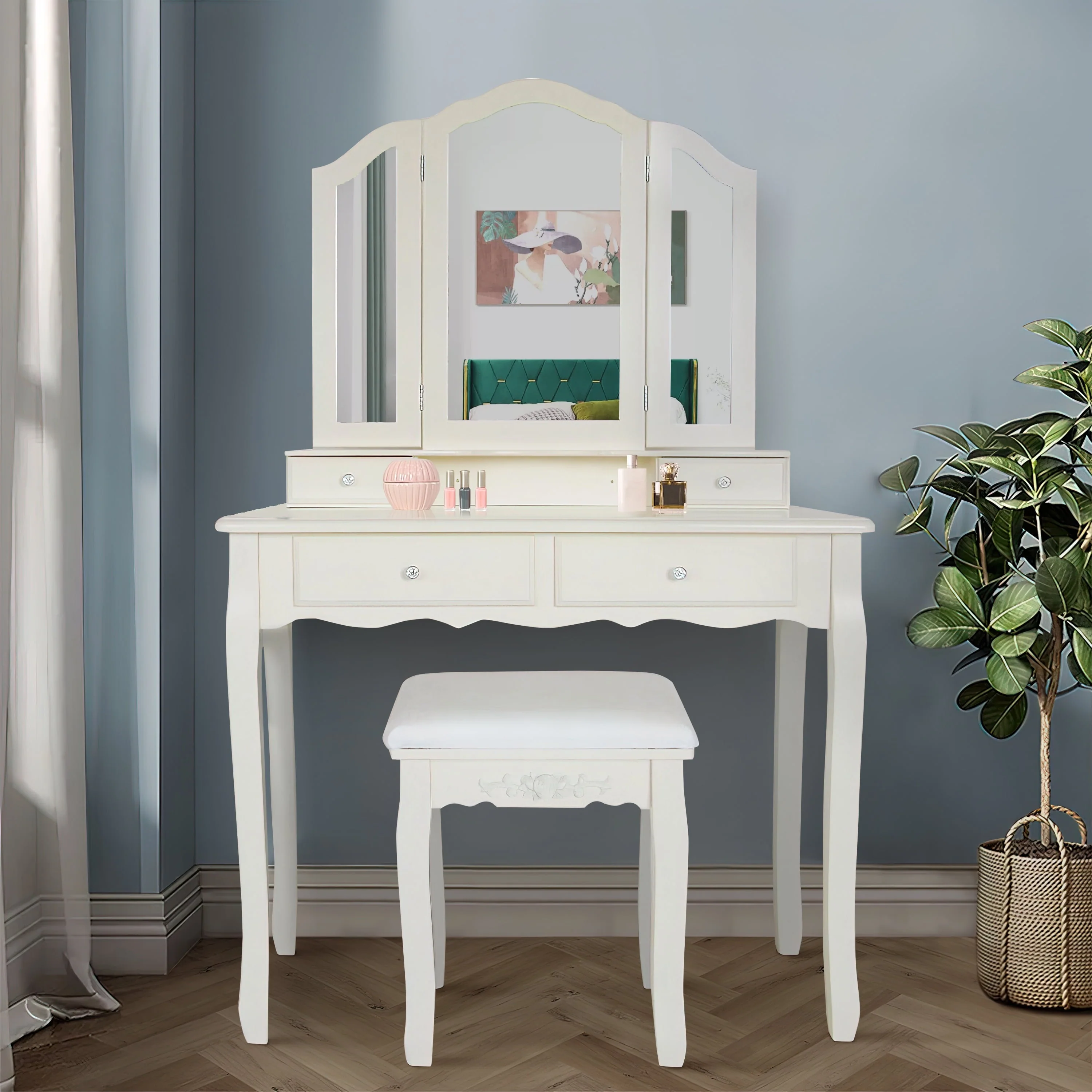 35 Inch 3 Piece Vanity Desk Set with Cushioned Stool and Elegant Trifold Mirror, 4 Drawers, Off White Solid Wood-Saltoro