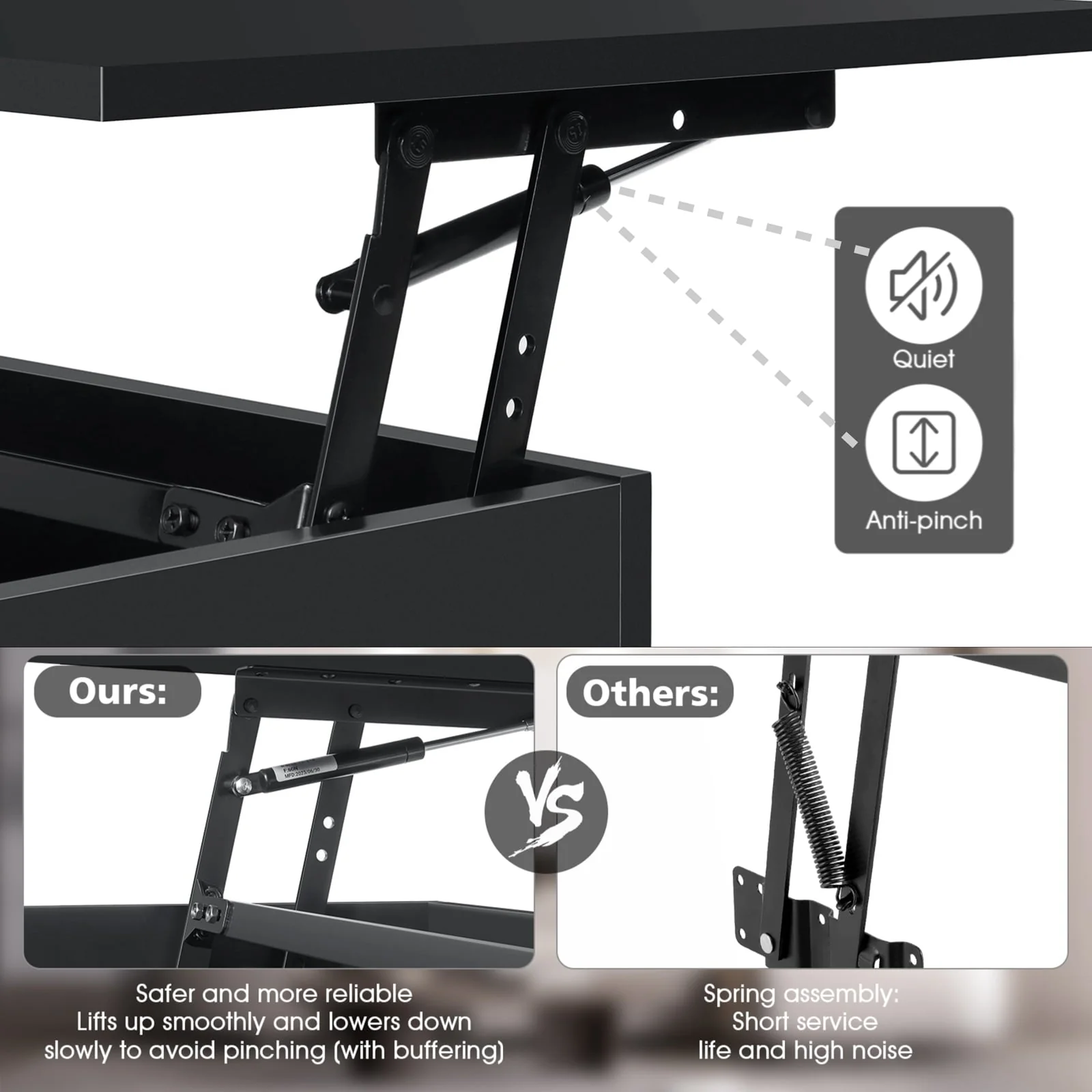 Hommpa LED Lift Top Coffee Table with Charging Station High Gloss Rectangle Center Tea Desk Black Hidden Storage Rising Dining Cocktail Tables Living Room