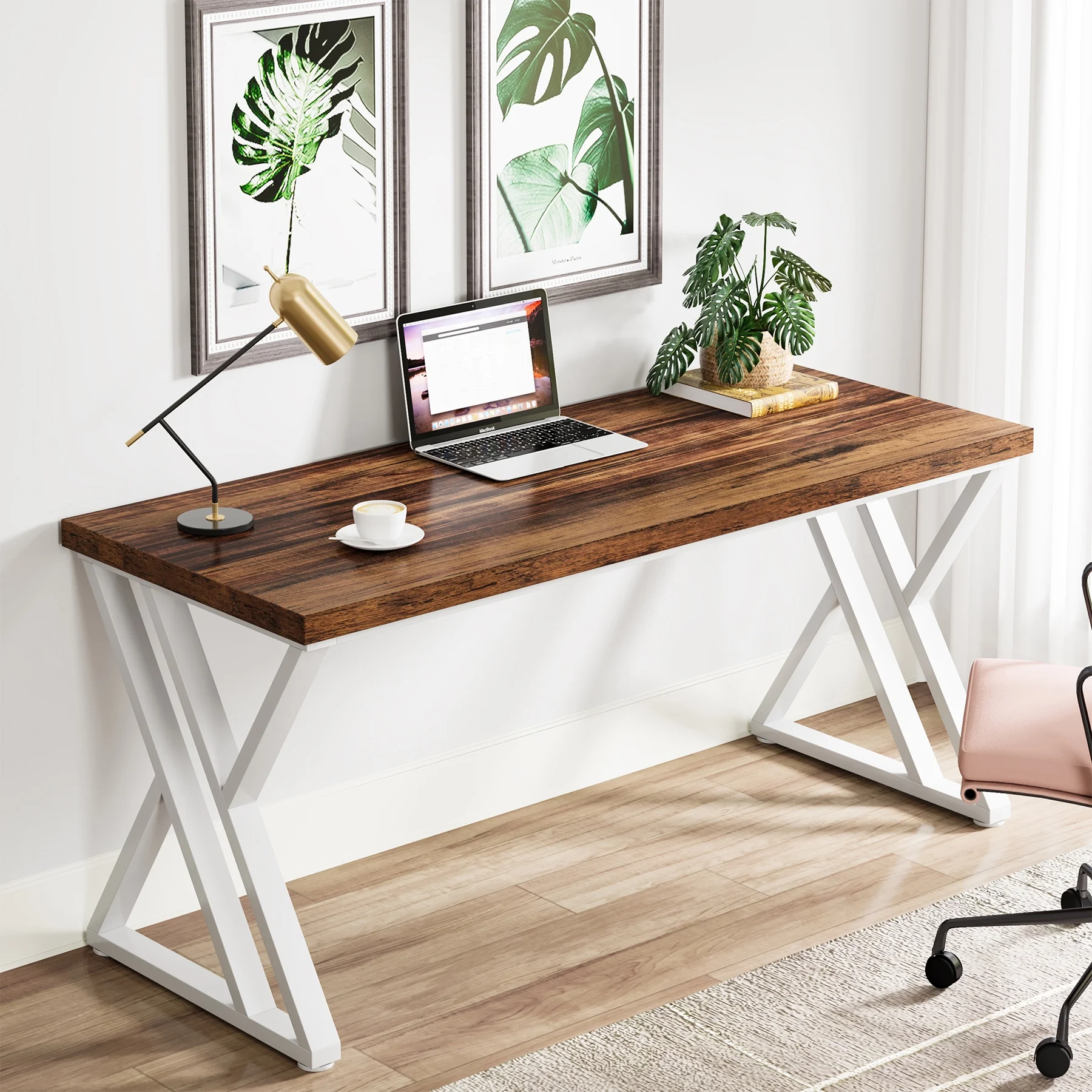 Heavy Duty Study Desk with Z-Shaped Metal Leg, Modern Simple Home Office Computer Desk, Rustic Brown