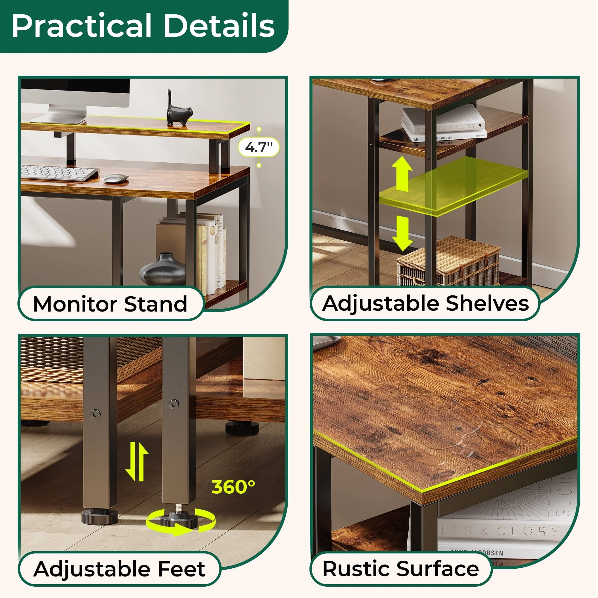 Huuger L Shaped Desk with Power Outlets & LED Lights, Reversible Computer Desk with File Cabinet & Storage Shelves, Corner Gaming Desk Home Office Desk, Rustic Brown