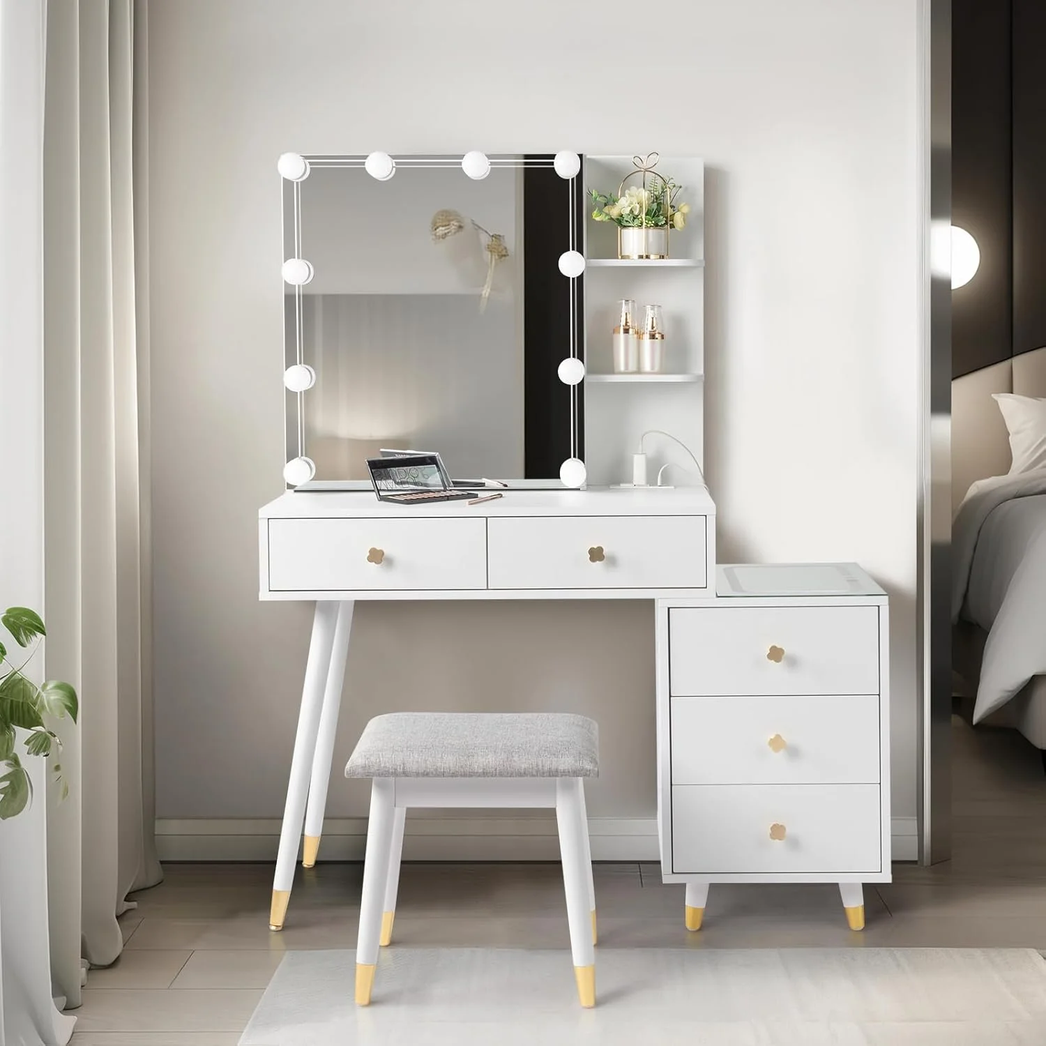 Tcbosik Makeup Vanity with LED Mirror & Charging Station, Vanity Desk with Ample Storage Space, Dressing Table with Shelves and 5 Drawers for Bedroom, White