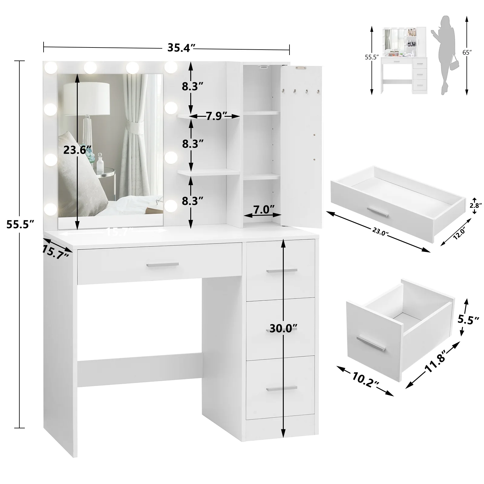 USIKEY LED Lights Mirror Vanity Desk Drawers Shelves Table Set Black