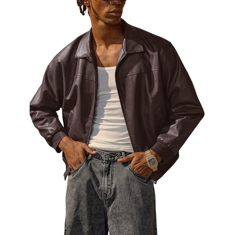 Men's Leather Jacket Zip Up Collared Bomber Jackets with Pockets