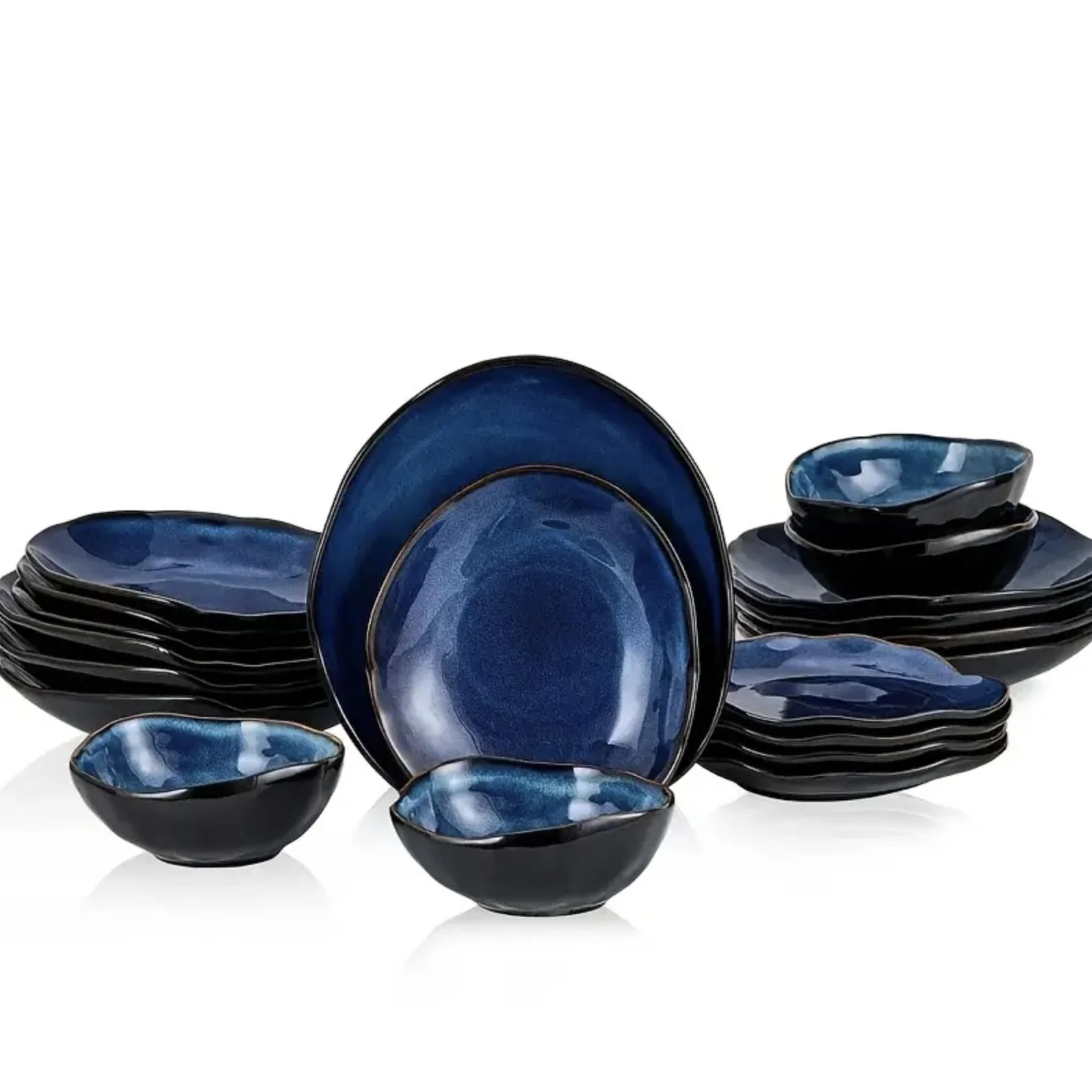TAUFIKT 16pcs Nordic-style Ceramic Tableware Set, Blue Irregular Artistic Design Dinnerware