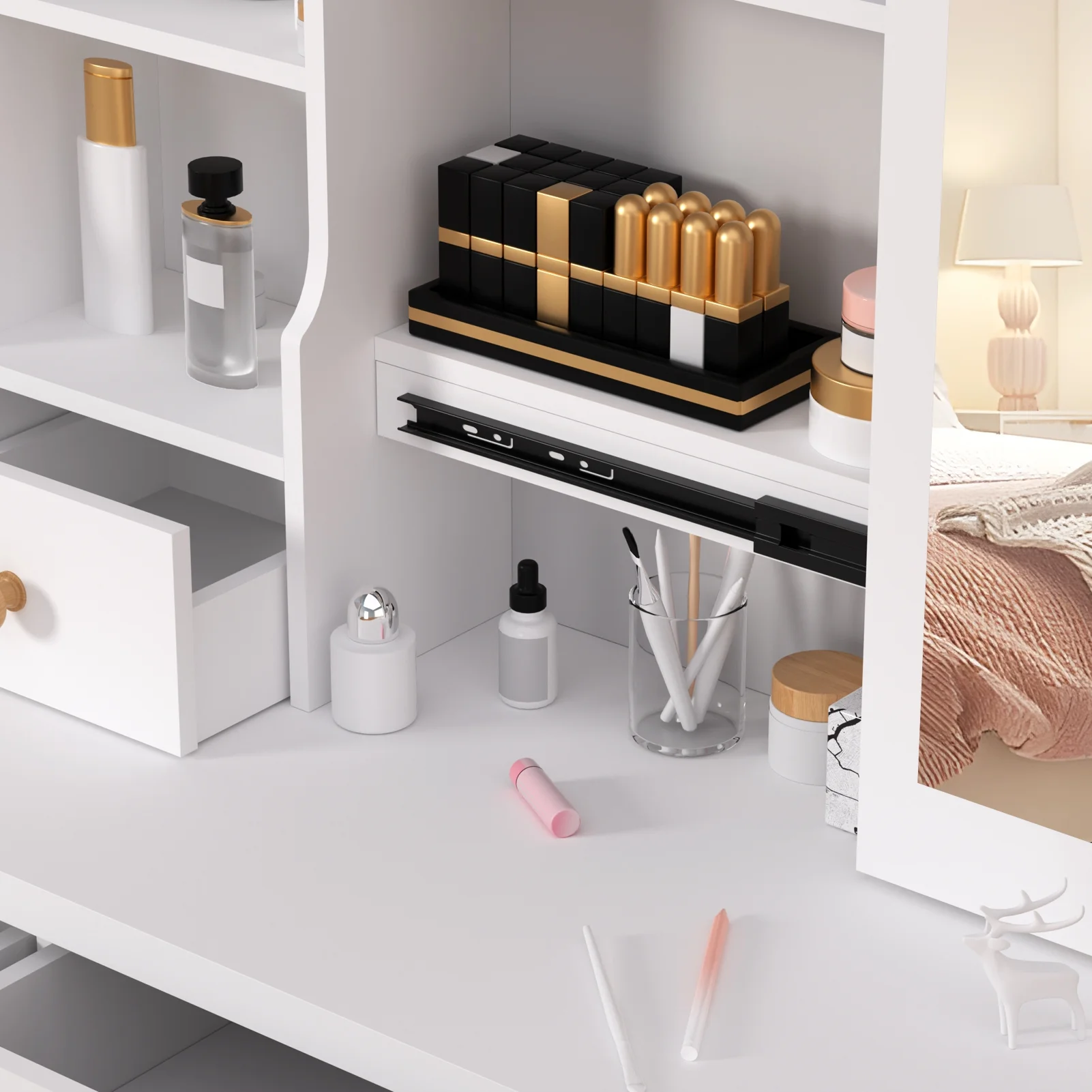 Lorelo Vanity Desk with Sliding Mirror, Bedroom Dressing Table, Makeup Table with 5 Drawers & Shelves, Hidden Storage Space