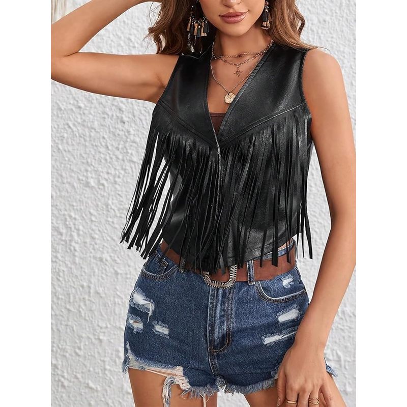 Women's Tassel Vest 70s Hippie Vest Sleeveless PU Fringe