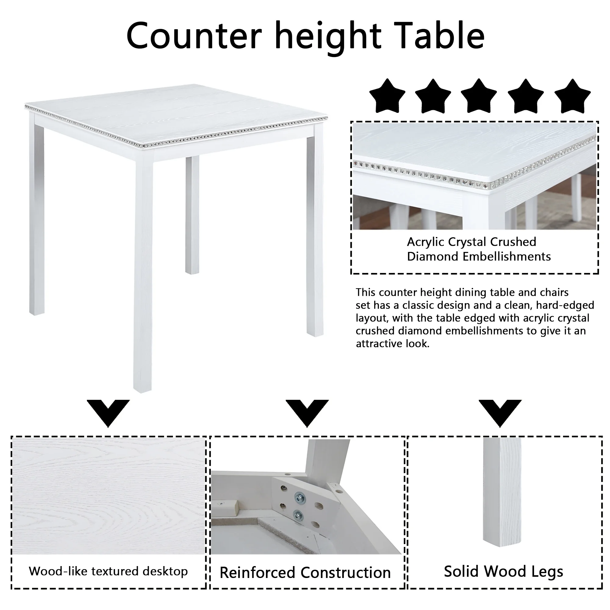 PAPROOS Dining Table Set for 4, 5 Piece Solid Wood Dining Room Set with Square Table and 4 Upholstered Chairs, Counter Height Kitchen Table with Crystal Decoration and Chair Set, White