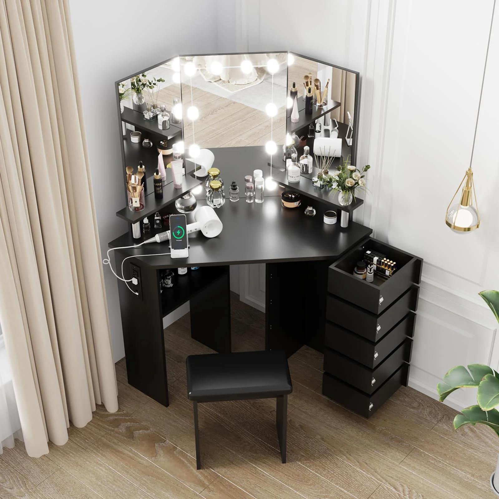 Ataucjin Makeup Vanity Desk With Lights Mirror & Power Outlet Corner Makeup Vanity Table With 5 Rotating Drawers Shelves And Stool 3 Color Lighting Makeup Table Bedroom Dressing Table