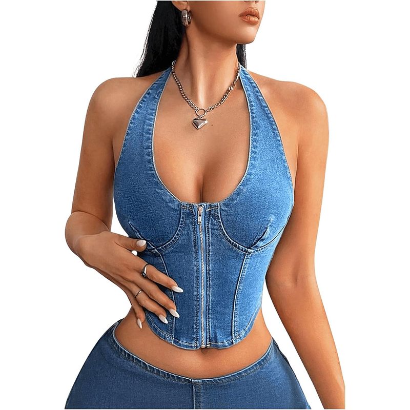 Women's Denim Vest Top Halter Sleeveless Open Back Jean Crop Corset Tops