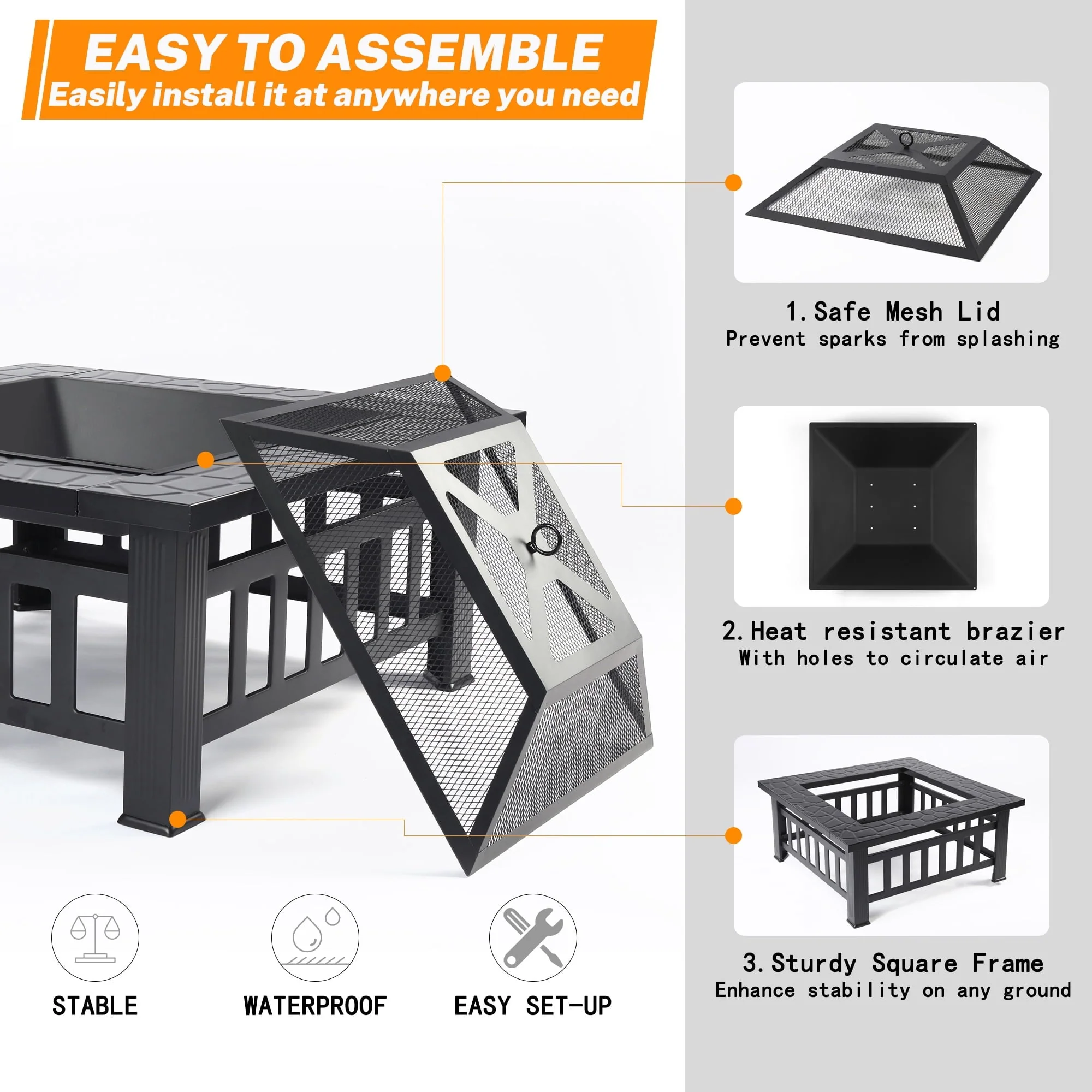 Metal Fire Pit for Outside, 32'' Stone Finish Fire Pit Table, Wood Burning Outdoor Firepit with Fire Bowl, Mesh Screen Lid, Poker