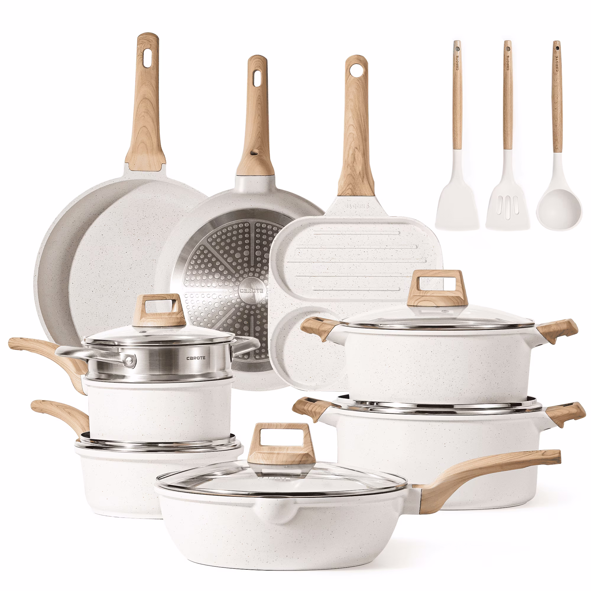 Carote Nonstick Cookware Sets, 24 Pcs Granite Non Stick Pots and Pans Set, Induction Cookware, White