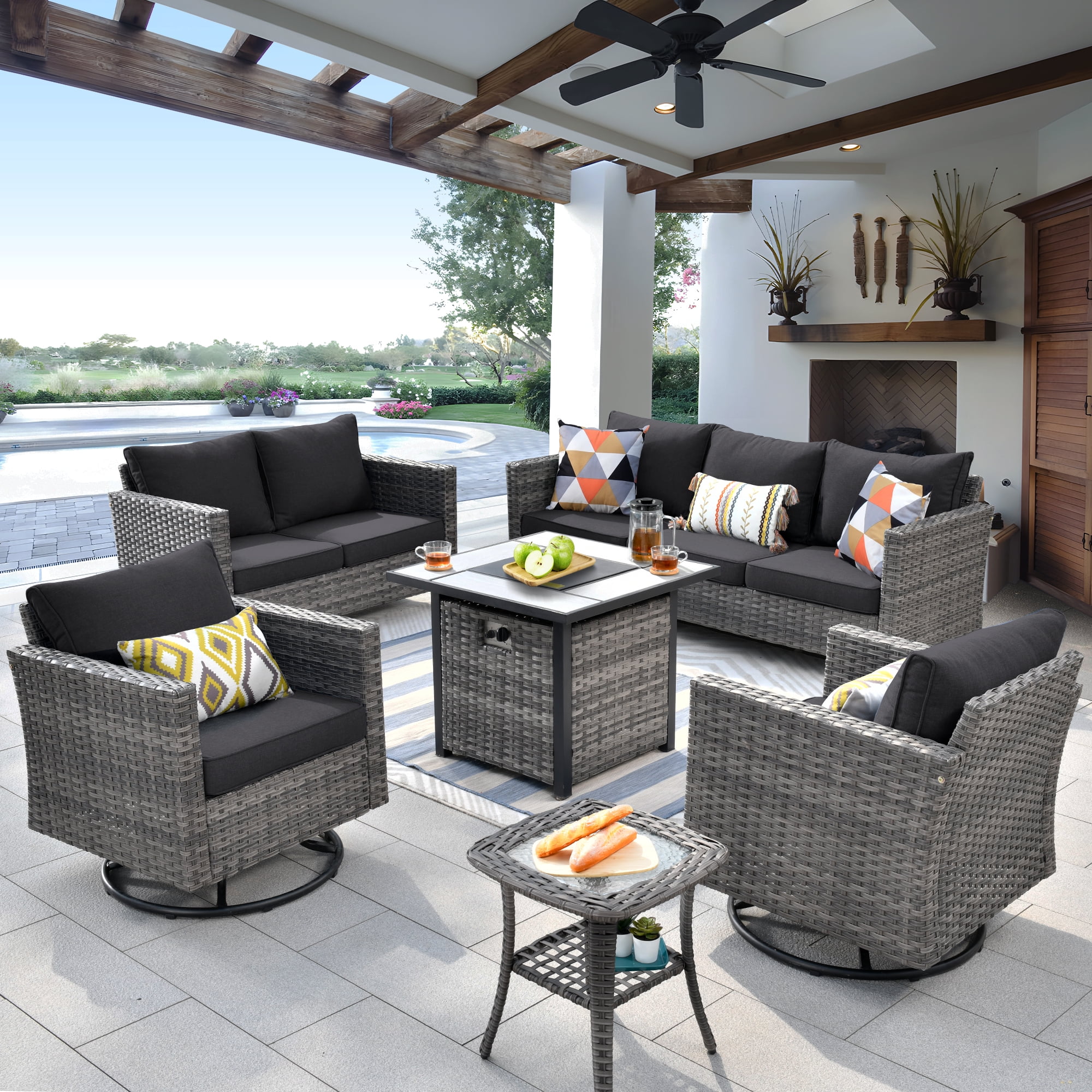 Ovios 6 Pieces Outdoor Patio Furniture Set with Gas Propane Fire Pit Table Wicker Outdoor Conversation Set with Swivel Rocking Chair for Backyard, Cushion Beige