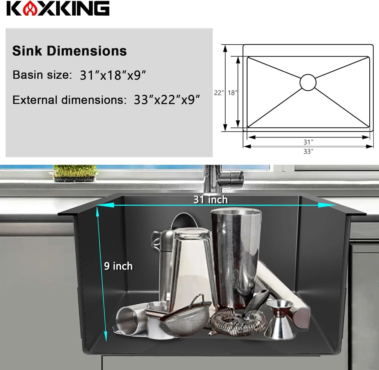 33 x 22 Inch Black Stainless Steel Single Bowl Kitchen Sink, Drop-In Topmount, 18 Gauge, with Bottom Grid and Drain Strainer Set