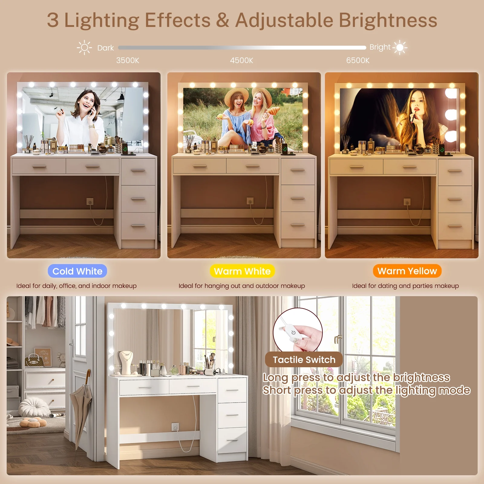 USIKEY Bedroom Adjustable Makeup LED Lights Desk, and Mirror Table Set, White