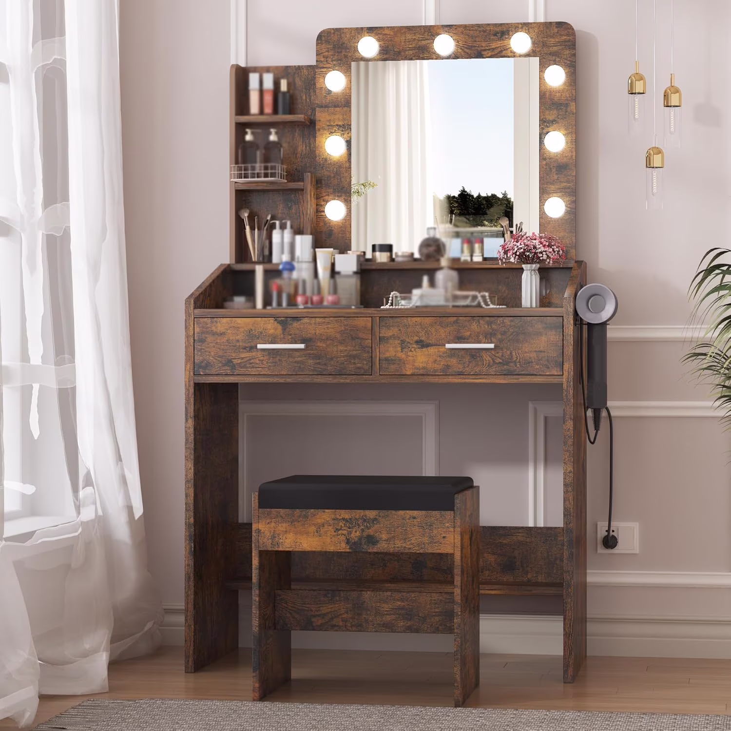 OYang Makeup Vanity with Lights, Vanity Desk with Mirror and Lights Set, Large Drawer and Two-Tier Lots Storage Cabinet, 3 Lighting Modes Adjustable Brightness